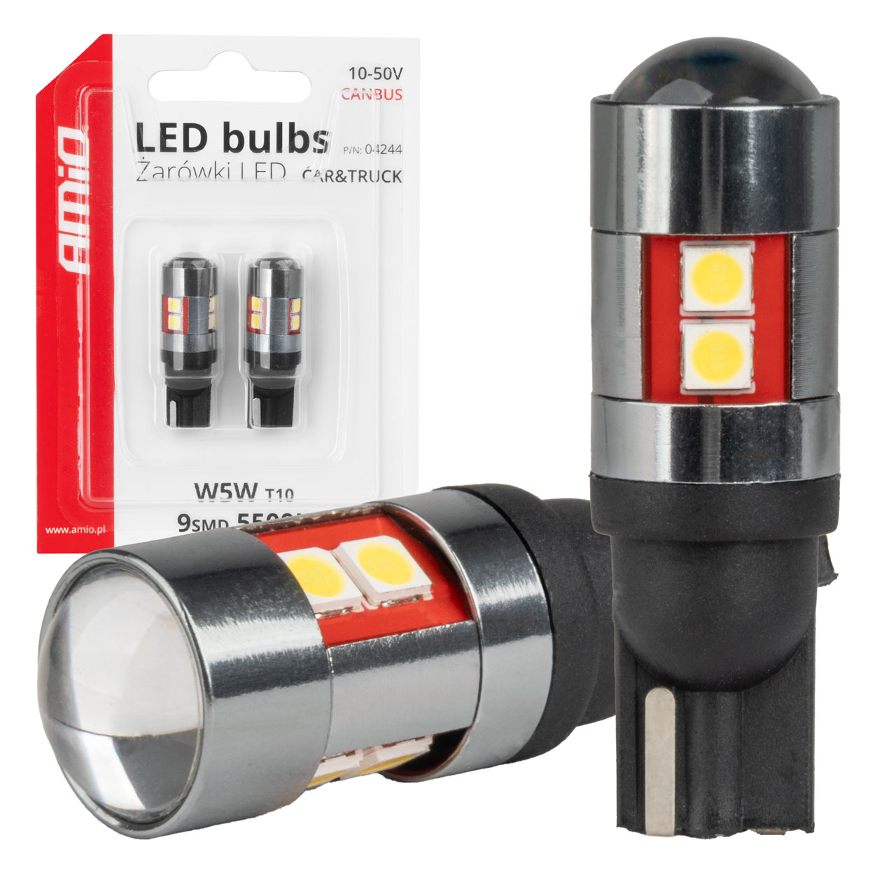 Amio - Λάμπες LED CAN Bus T10 W5W (W2.1x9.5d) Universal για Επιβατικά Αυτοκίνητα & Φορτηγά με τάση 12V-48V & 9xSMD 3030 σε Λευκή απόχρωση 5500K Chrome/Black - Σετ 2 τεμ. (04244/AM)