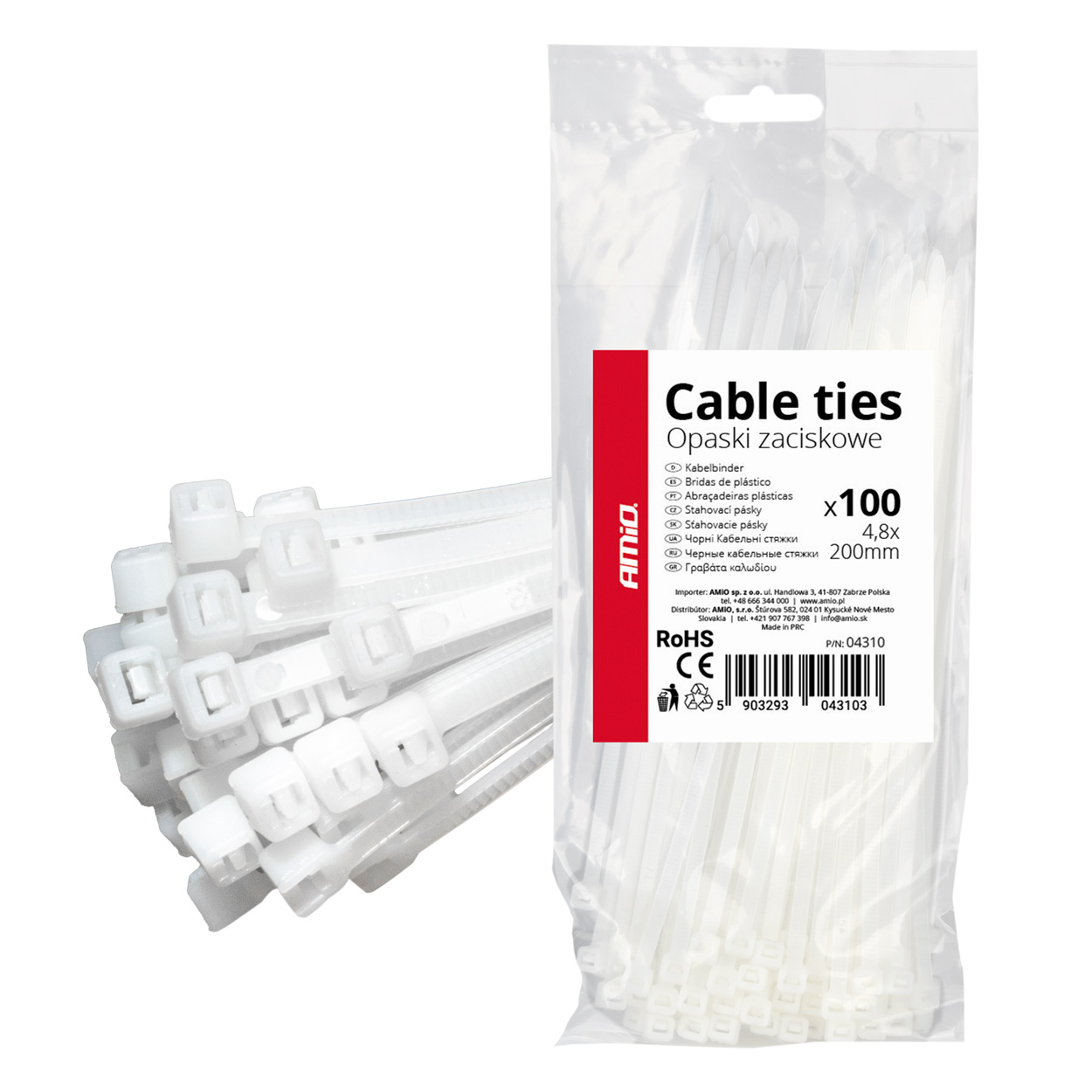 Amio - ΔΕΜΑΤΙΚΑ/ΔΕΤΙΚΑ ΚΑΛΩΔΙΩΝ TIE WRAP (ΤΑΙΡΑΠ) 4.8 x 200mm (ΛΕΥΚΟ) - 100 ΤΕΜ. (04310/AM)