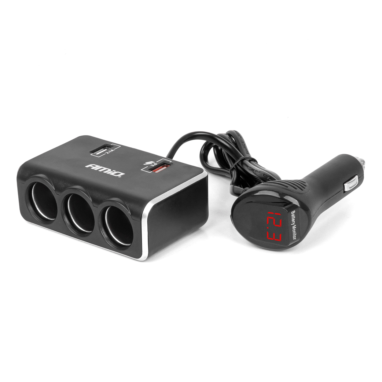 Amio - ΑΝΤΑΠΤΟΡΑΣ ΑΝΑΠΤΗΡΑ 12/24V 120W ΨΗΦΙΑΚΟΣ ΜΑΥΡΟΣ/3 ΘΕΣΕΙΣ/2xUSB-A QC 3.0 ΜΕ ΚΑΛΩΔΙΟ 80cm - 1 Τεμ. (04364/AM)