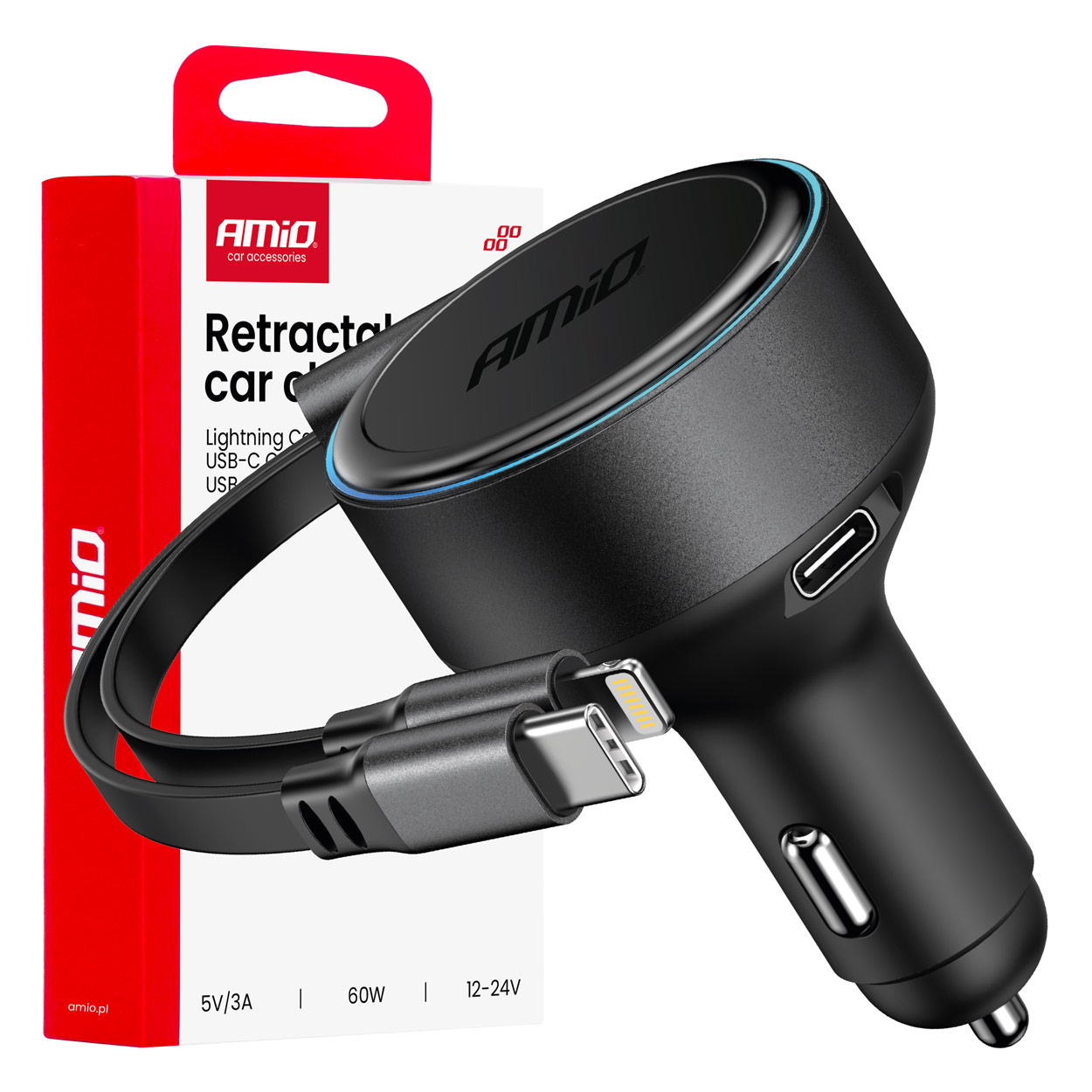 Amio - ΦΟΡΤΙΣΤΗΣ ΑΝΑΠΤΗΡΑ 12/24V ΜΕ 1ΘΥΡΑ USB-C 60W ΤΑΧΕΙΑΣ ΦΟΡΤΙΣΗΣ ΜΕ ΕΝΣΩΜΑΤΩΜΕΝΟ ΚΑΛΩΔΙΟ USB C+APPLE LIGHTING - 1 Τεμ. (04370/AM)