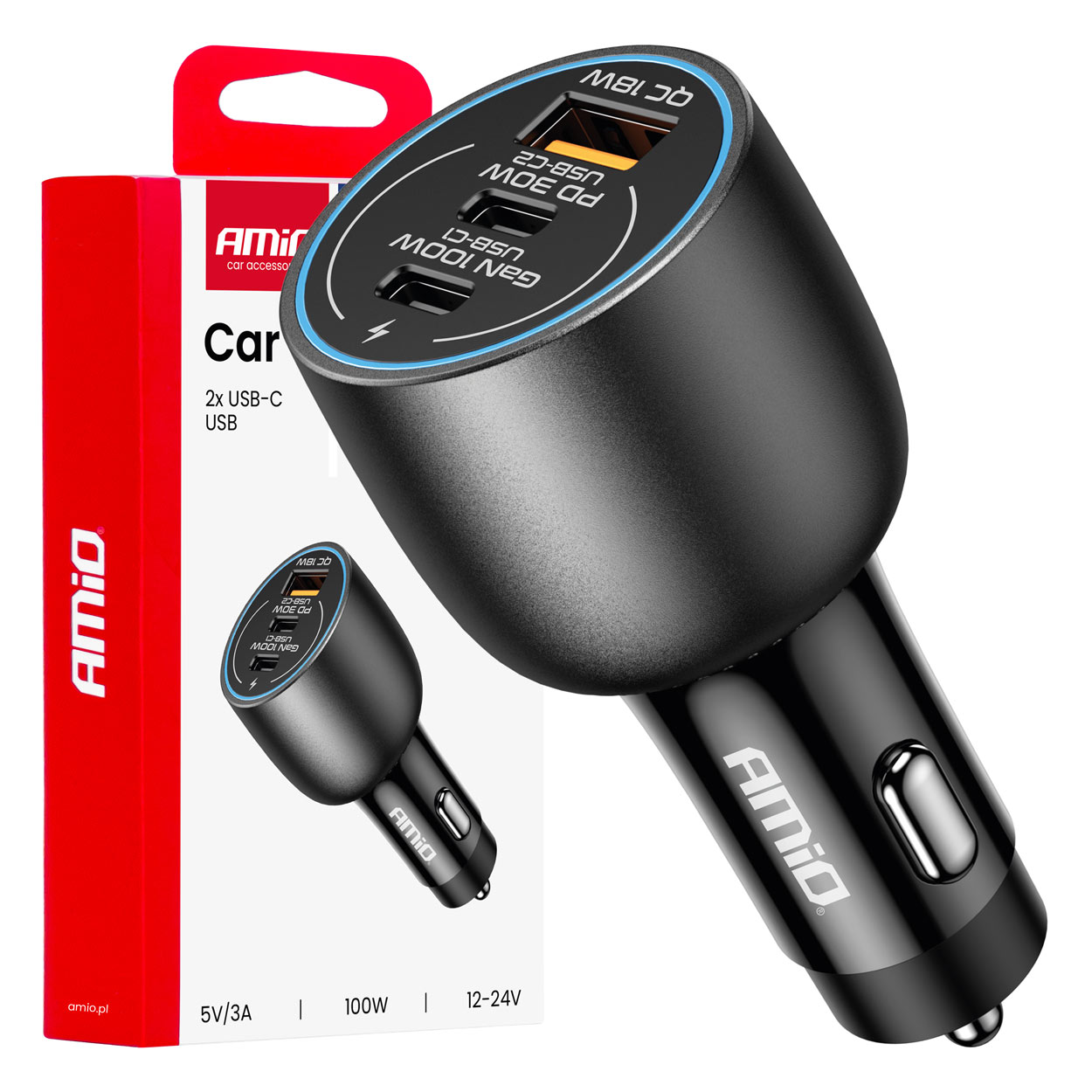 Amio - ΦΟΡΤΙΣΤΗΣ ΑΝΑΠΤΗΡΑ 12/24V ΜΕ 3 ΘΥΡΕΣ 2xUSB-C/1xUSB-A 95W 5V/3A ΤΑΧΕΙΑΣ ΦΟΡΤΙΣΗΣ ΑΛΟΥΜΙΝΙΟ/ΜΑΥΡΟΣ - 1 Τεμ. (04371/AM)
