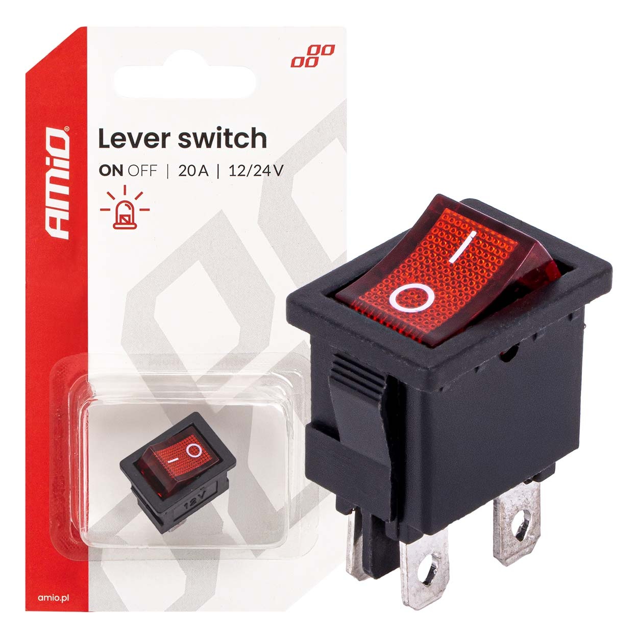Amio - Διακόπτης Rocker 12/24V 20A με Κόκκινο Φωτισμό – Για Οχήματα & Βιομηχανικές Εφαρμογές - 1 τεμ. (04440/AM)