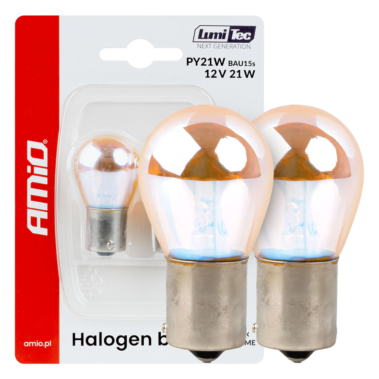 Amio – Λάμπες Αλογόνου PY21W BAU15s 12V 21W Πορτοκαλί/Χρώμιο Lumitec για Φλας & Καθαρή Σήμανση – Σετ 2 Τεμ. (04627/AM)