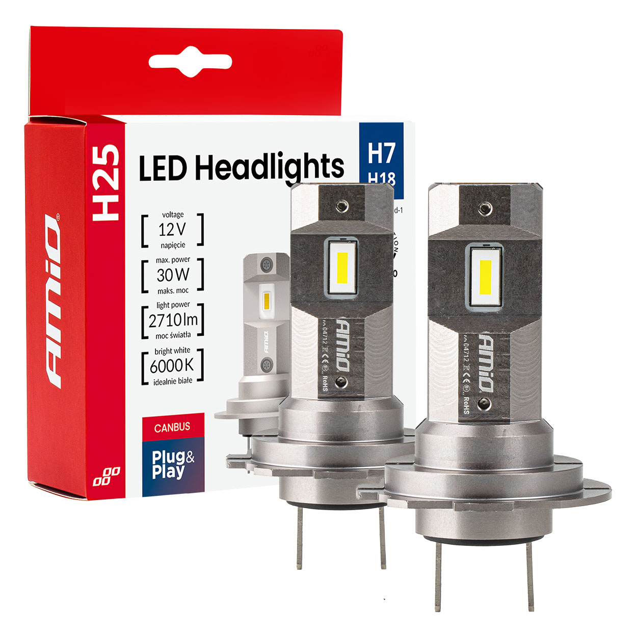 Amio - Λαμπτήρες LED Φώτων Εμπρός τύπου H7/H18 βάση PX26d/PY26d-1 τάση λειτουργίας 12V απόδοσης 30W (2710lm) Series H25 CANBUS 6000K για Επιβατικά Αυτοκίνητα - 2 τεμ. (04712/AM)