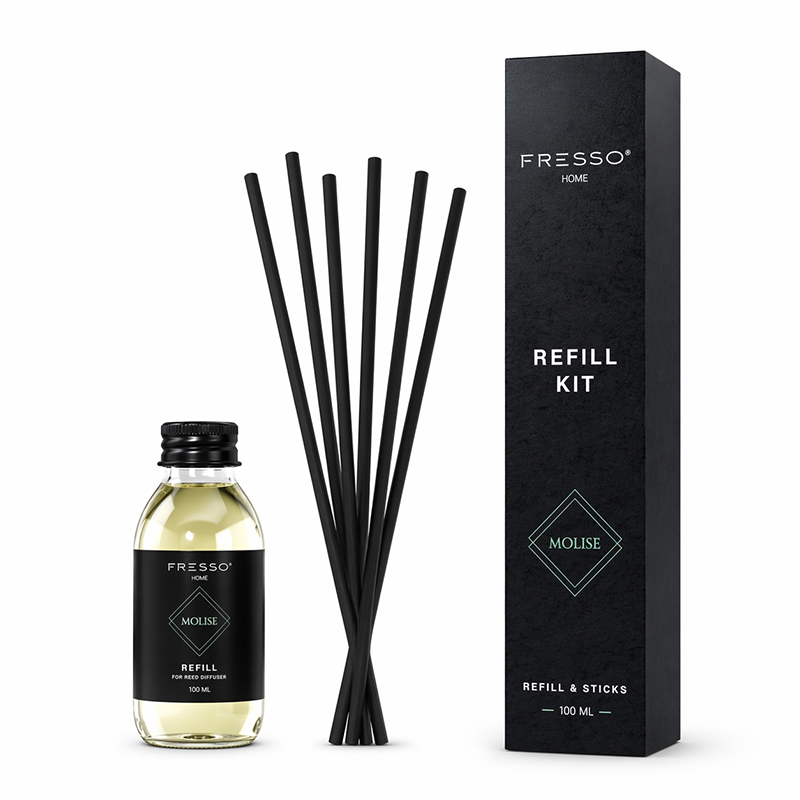 Fresso - Κιτ Αναπλήρωσης με Άρωμα Molise 100 ml Premium Home Refill Kit και 6 Μαύρα Στικ από Fiberglass για Αρωματικό Χώρου Reed Diffuser - 1 Τεμ. (390044/FRE)