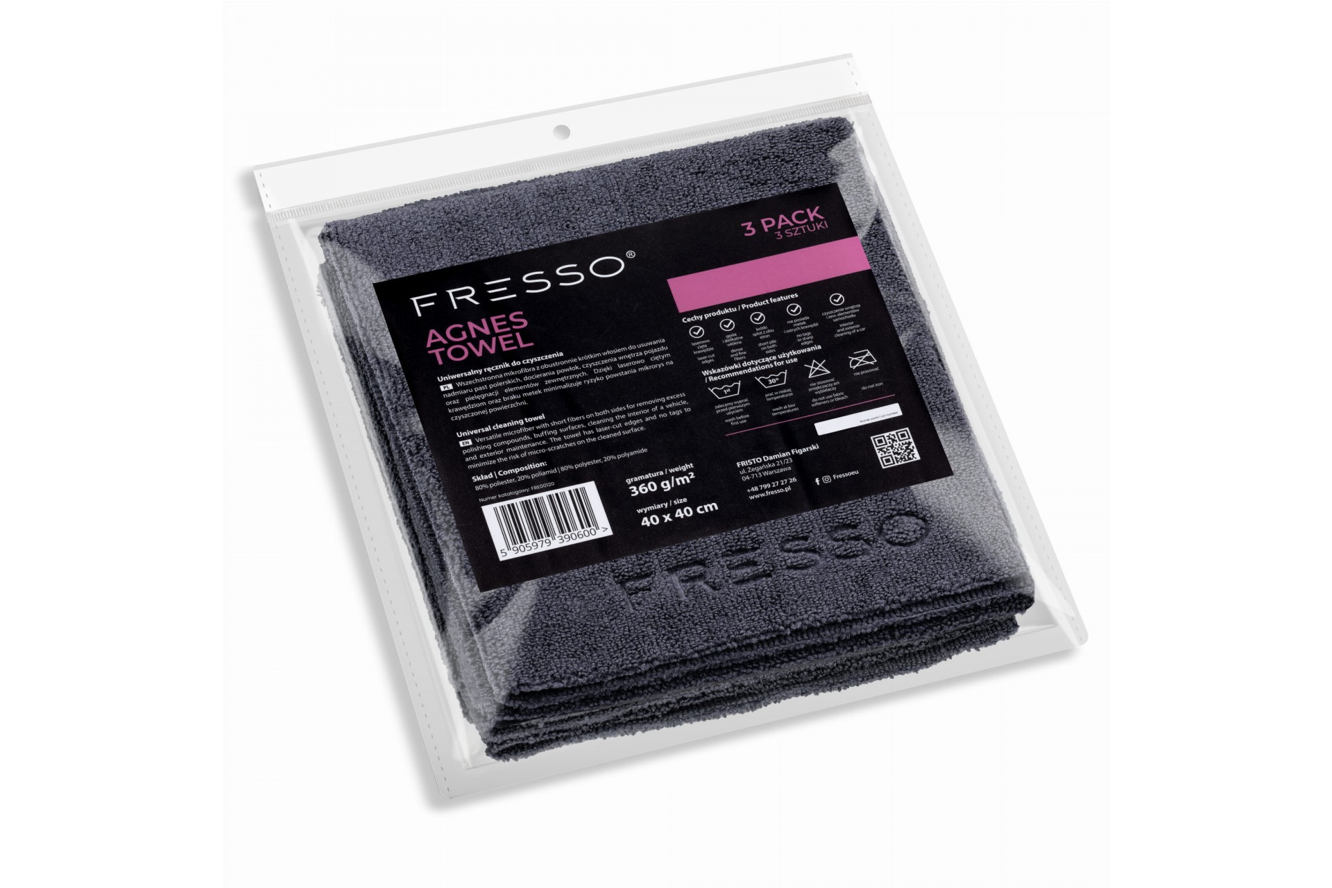 Fresso - Πετσέτες Μικροΐνας Agnes 40 x 40 cm 360 g/m² Διπλής Όψης για Εσωτερικές και Εξωτερικές Επιφάνειες - Σετ 3 Τεμ. (390600/FRE)