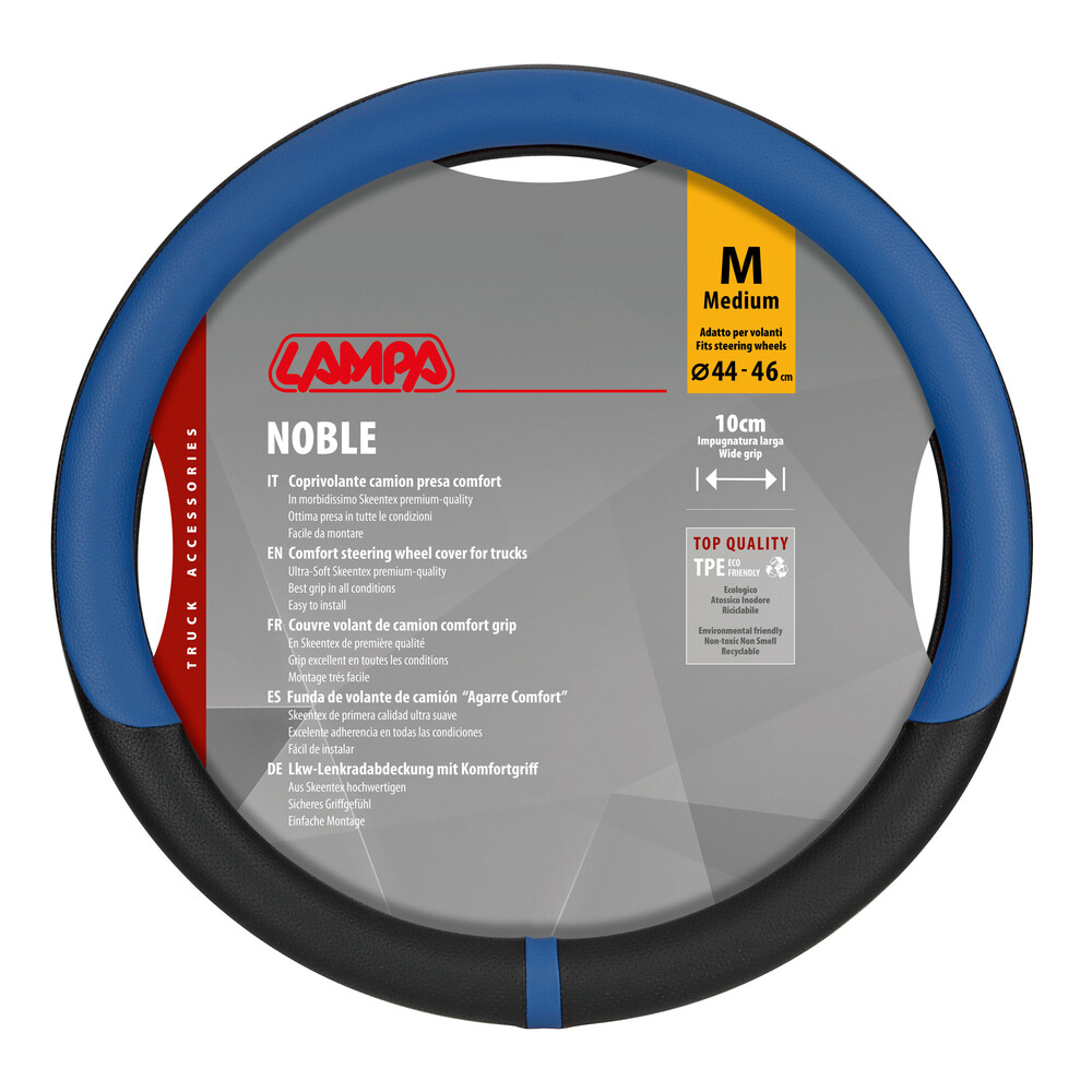 Lampa - Κάλυμμα Τιμονιού Φορτηγού NOBLE από Skeentex M 44-46εκ. Άοσμο Μαλακό αντιολισθητικό εύκολη τοποθέτηση φαρδιά λαβή 10εκ. Μαύρο / Μπλε - 1 τεμ. (L9708.5)