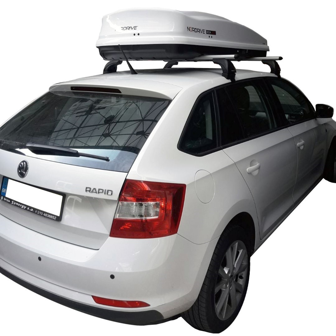 KIT ΜΕ ΜΠΑΡΕΣ ΟΡΟΦΗΣ ΓΙΑ SKODA RAPID SPACEBACK 5D 2013 ΑΛΟΥΜΙΝΙΟΥ  ΜΠΑΓΚΑΖΙΕΡΑ BOX 430 LT ΛΕΥΚΗ-ΑΣΠΡΗΓΥΑΛΙΣΤΕΡΗ NORDRIVE