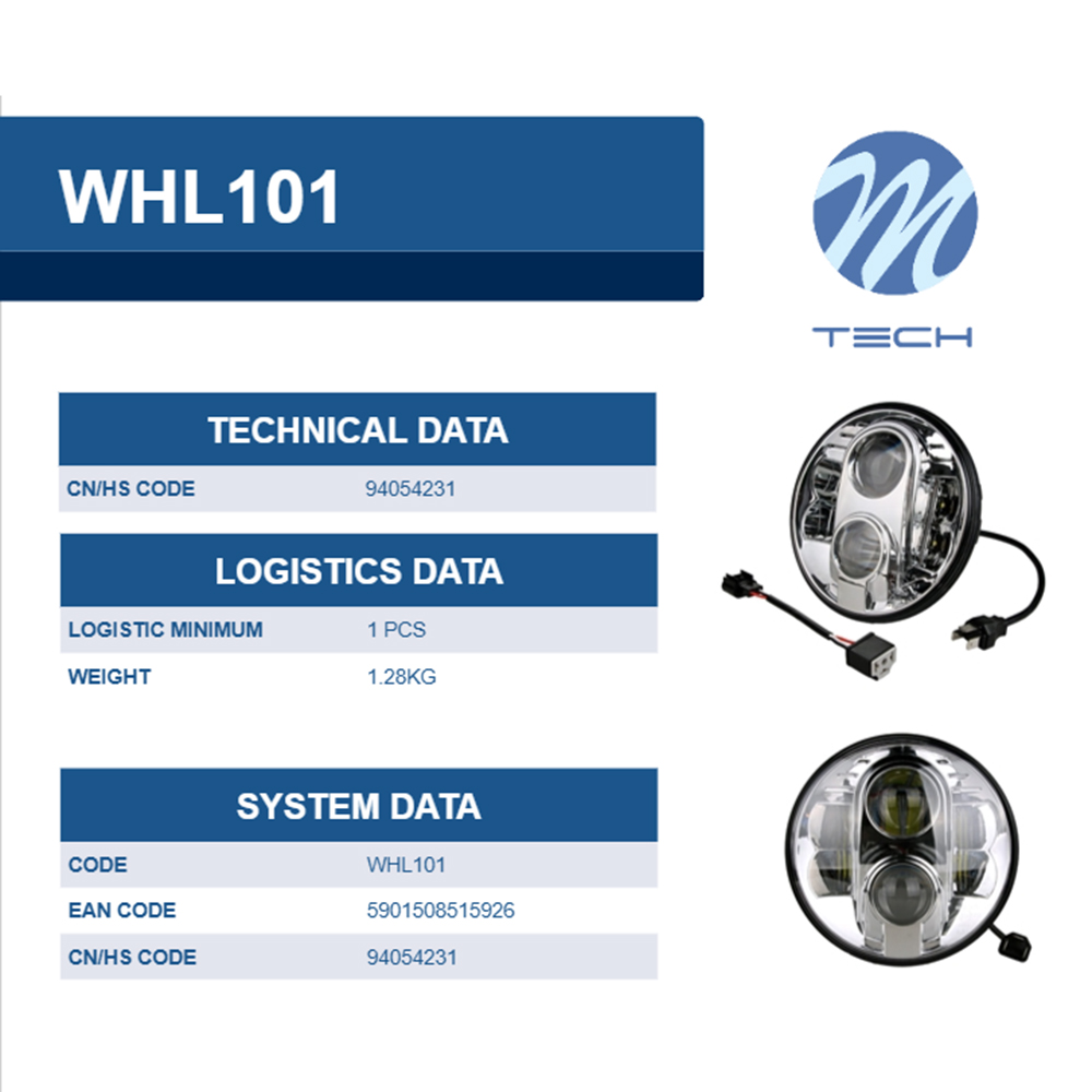 M-Tech - Στρογγυλό Φανάρι WHL101 CHROME 7'' με 8 Cree LED (XML-10W) 9-36V 6000-6500K σε Χρώμιο - 1 τεμ. (WHL101/MT)