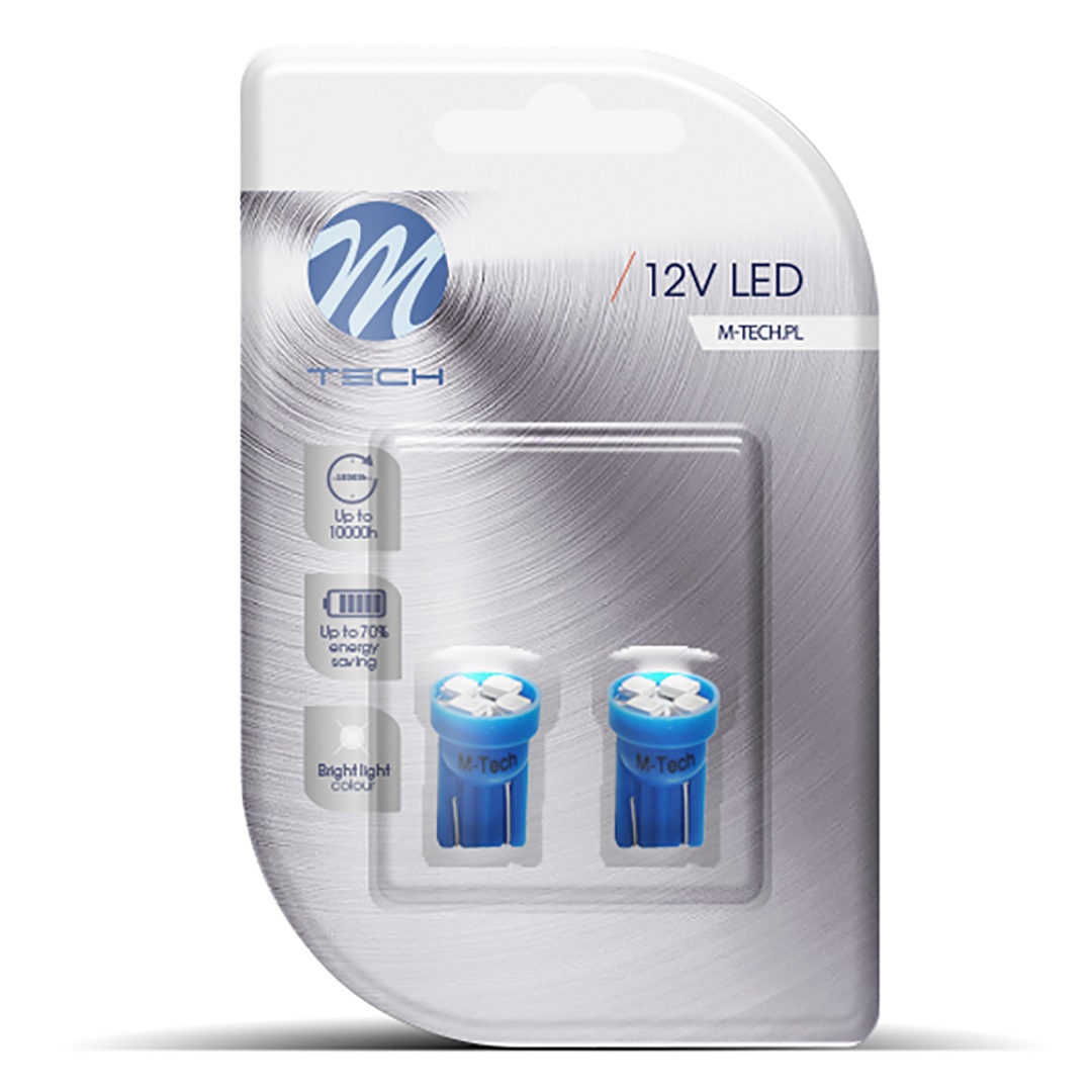 T10 W5W 12V W2,1X9,5D LED 4XSMD3528 Μπλε (καρφωτο Ακαλυκο) Blister 2τεμ. M-TECH - Thumbnail 2