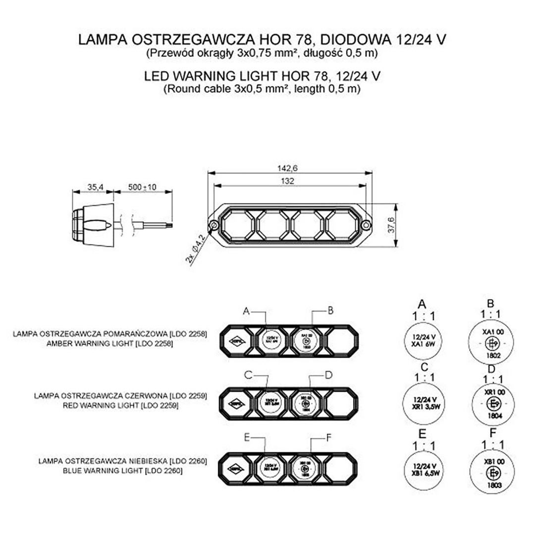 Φως Προειδοποιησης 12/24V HOR78 6W 4LED 143X35MM Κοκκινο - Thumbnail 2