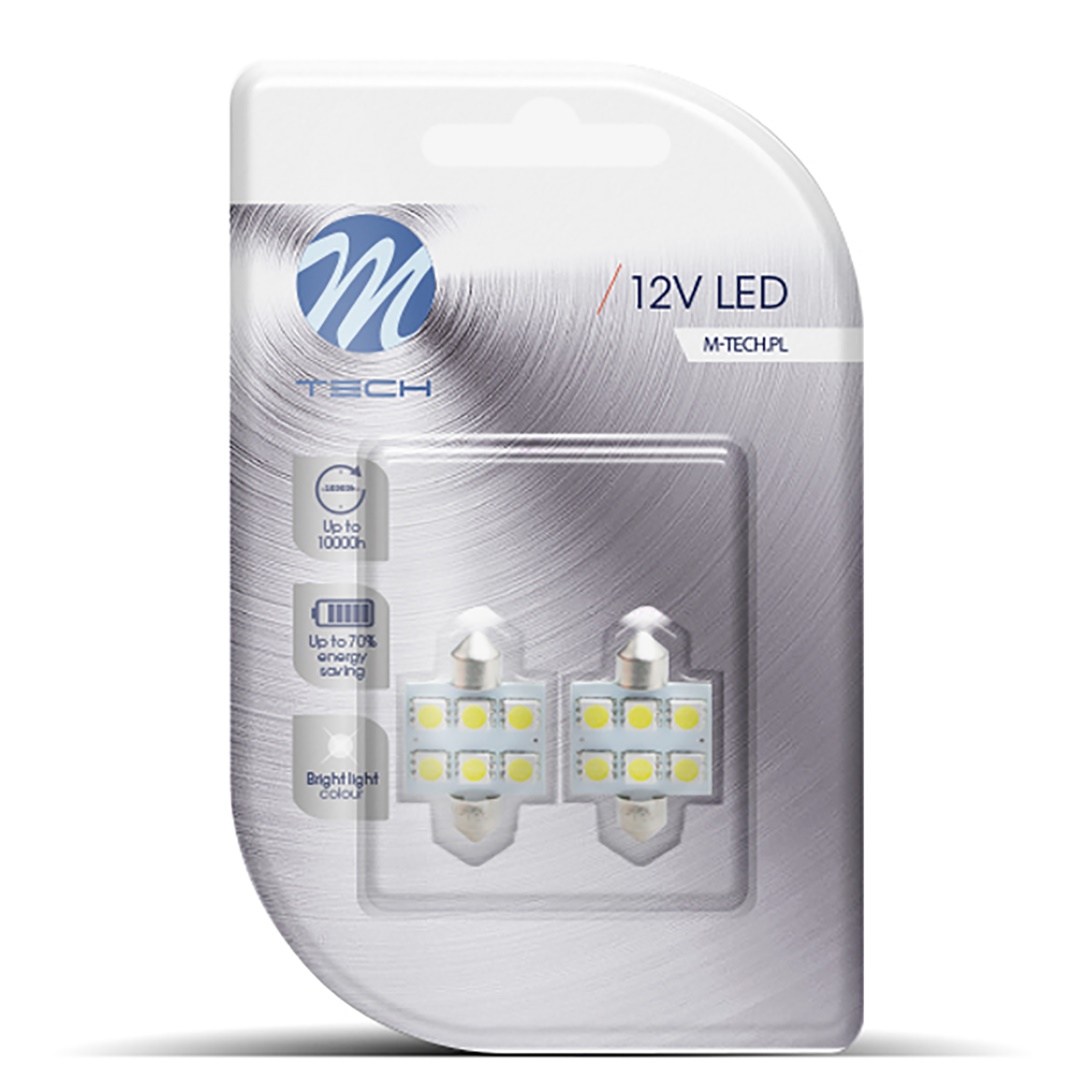 Λαμπακια Πλαφονιερας C5W/C10W 12V 1,44W SV8,5 36MM Premium LED 6XSMD5050 Λευκο Blister 2τεμ. M-TECH - Thumbnail 2