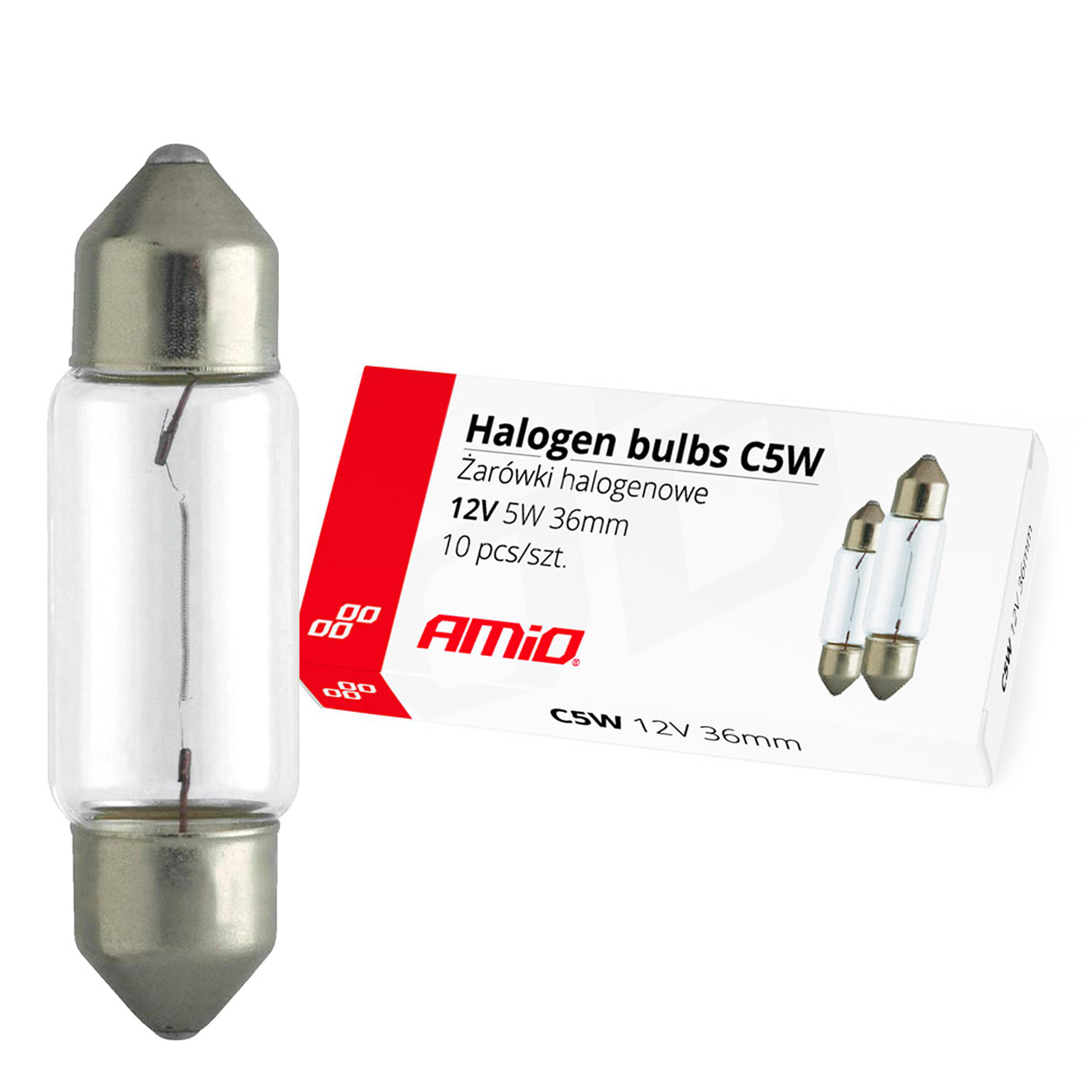 Amio – Λαμπτήρες Αλογόνου C5W SV8.5 12V 5W 36mm για Πλαφονιέρα Αυτοκινήτου – Κουτί 10 Τεμ. (01486/AM)