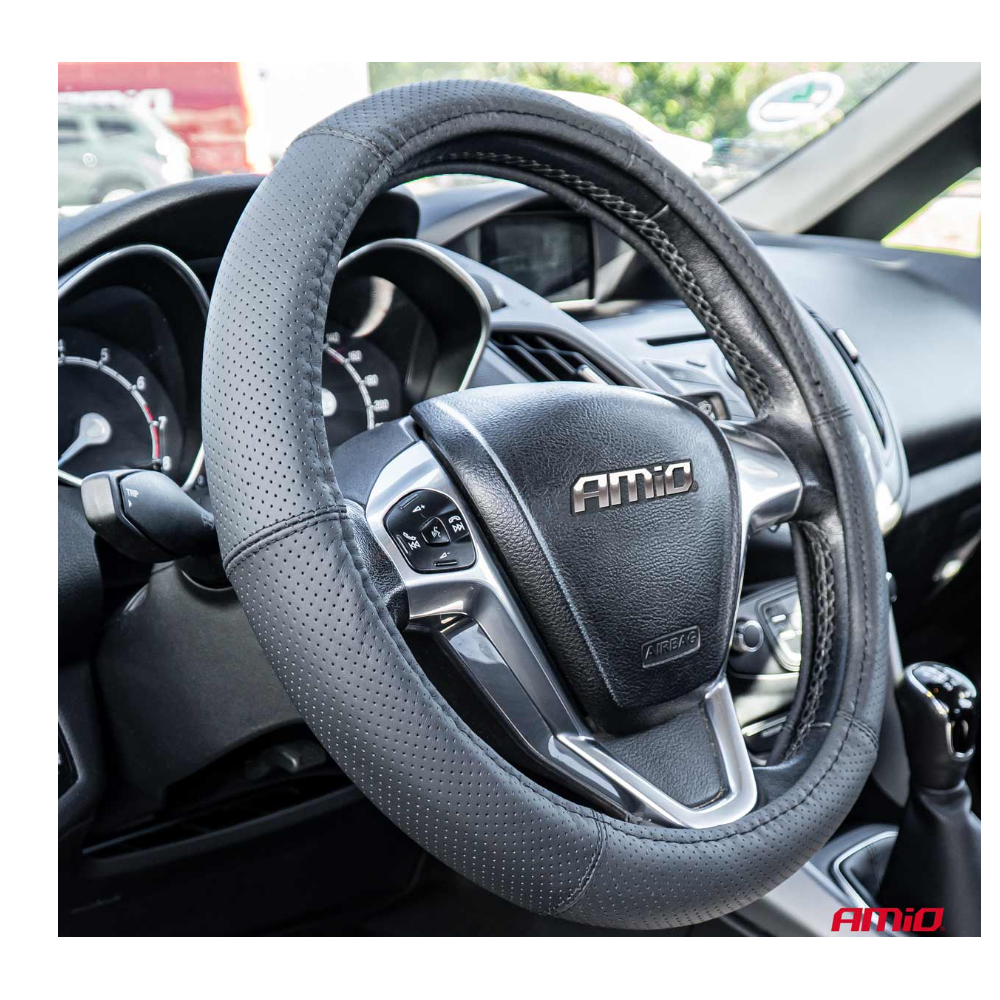 AMIO - Καλυμμα Τιμονιου Απο Τεχνοδερμα (l) 39-41CM SWC-50-L Σε Μαυρο Χρωμα Τρυπητο Με Μαυρες Ραφες - 1 Τεμ. (03557/AM) - Thumbnail 3