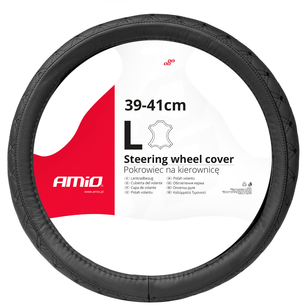 AMIO - Καλυμμα Τιμονιου Απο Τεχνοδερμα (l) 39-41CM SWC-51-L Σε Μαυρο Χρωμα Με Μαυρες Ραφες - 1 Τεμ. (03562/AM)