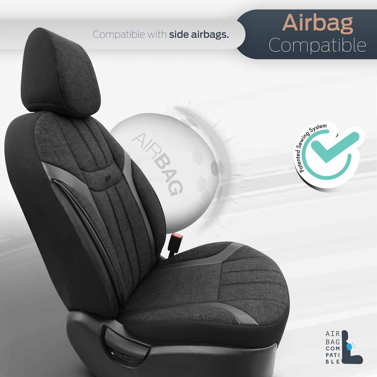 AMIO - Καλύμματα Καθισμάτων Otom Swan 501 Black Μαύρο/γκρι Σκούρο Λινό Ύφασμα Και Δερματίνη Για Μπροστινά Και Πίσω Καθίσματα Με 5 Προσκέφαλα - 1 Σετ (OT86751/AM) - Thumbnail 5