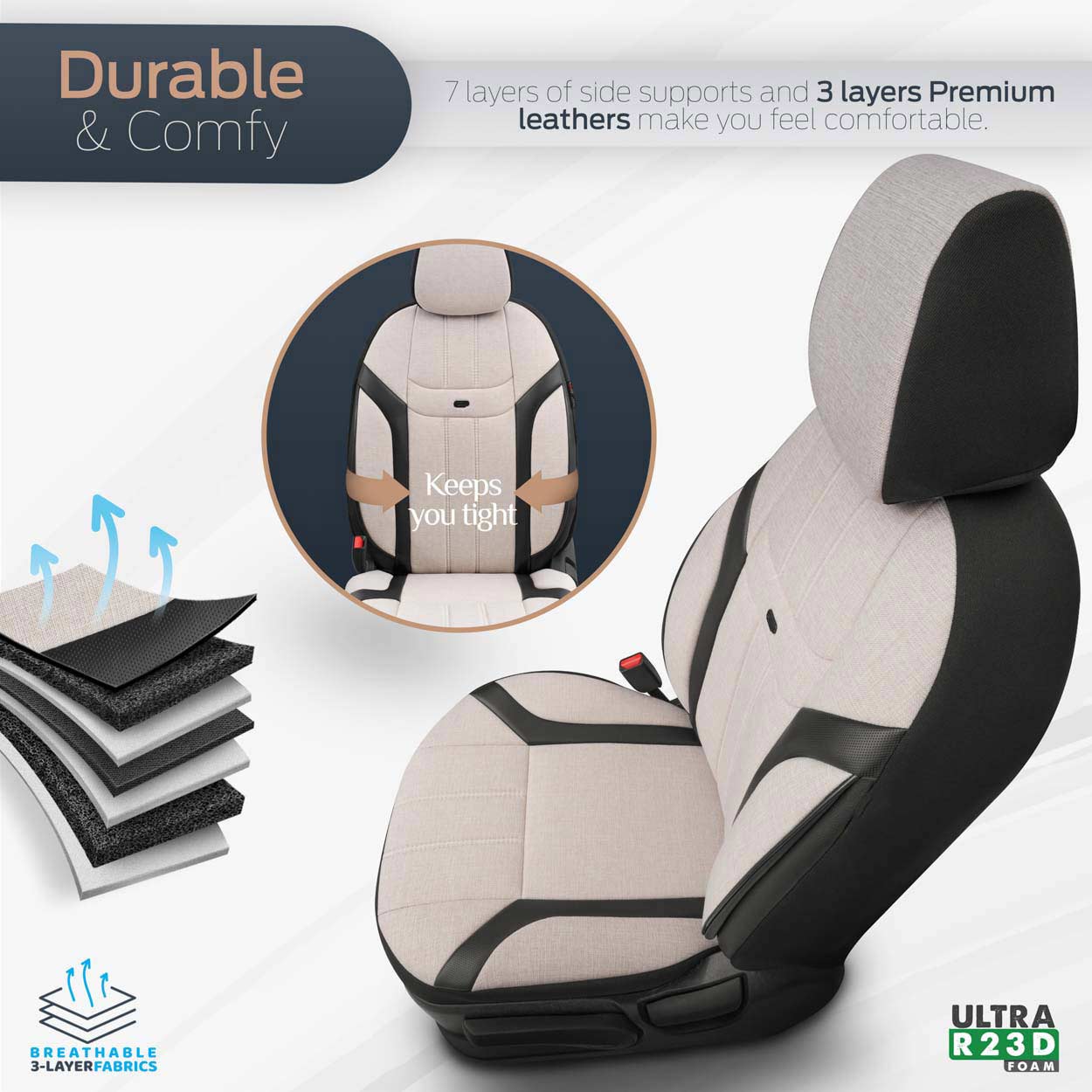 AMIO - Καλύμματα Καθισμάτων Otom Swan 503 Beige Μαύρο/μπεζ Λινό Ύφασμα Και Δερματίνη Για Μπροστινά Και Πίσω Καθίσματα Με 5 Προσκέφαλα - 1 Σετ (OT86753/AM) - Thumbnail 4