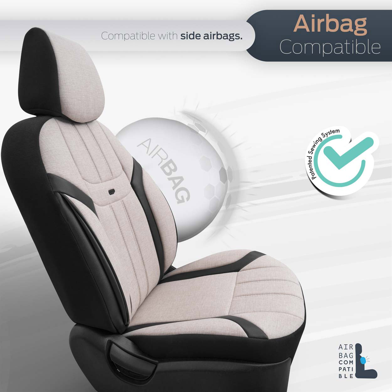 AMIO - Καλύμματα Καθισμάτων Otom Swan 503 Beige Μαύρο/μπεζ Λινό Ύφασμα Και Δερματίνη Για Μπροστινά Και Πίσω Καθίσματα Με 5 Προσκέφαλα - 1 Σετ (OT86753/AM) - Thumbnail 5
