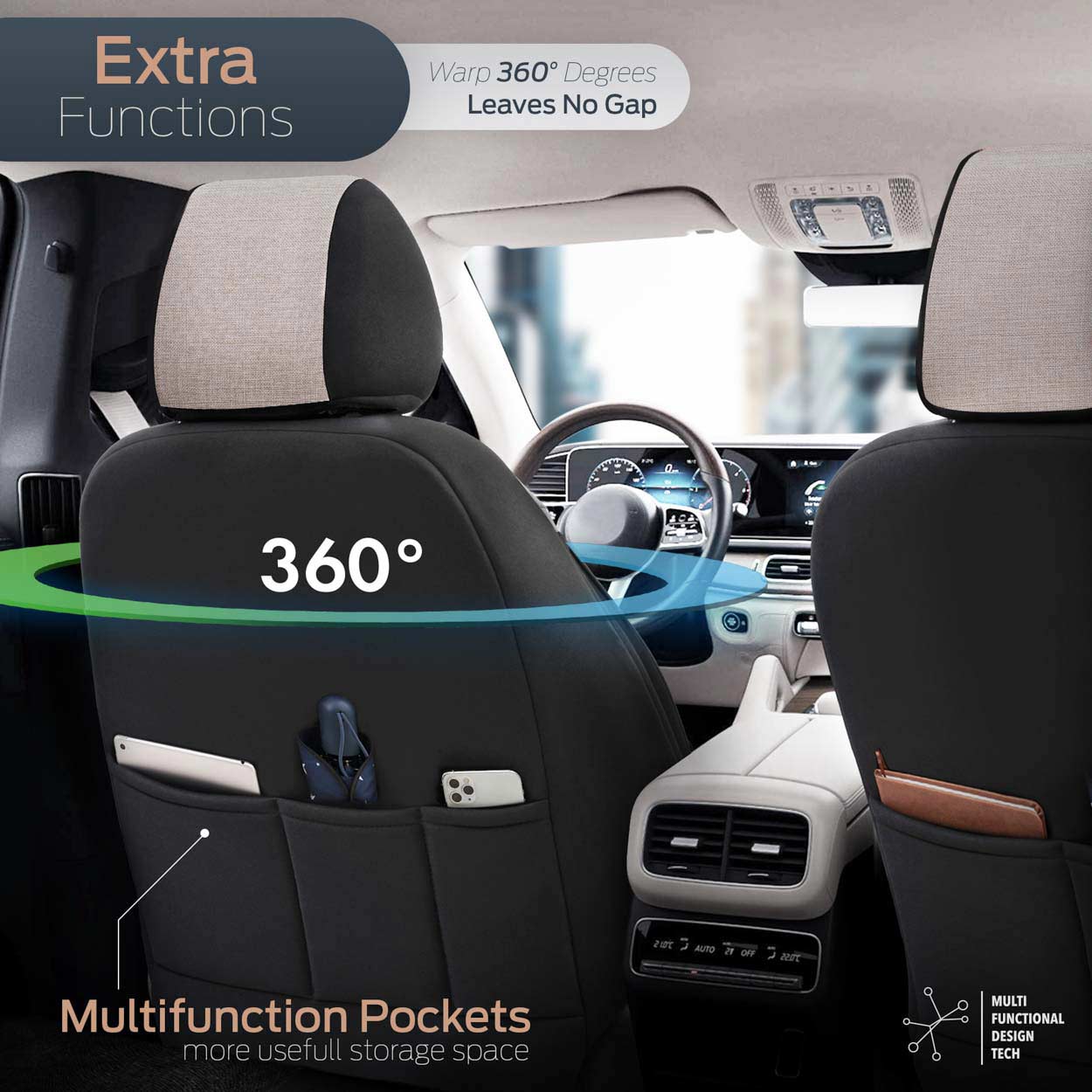 AMIO - Καλύμματα Καθισμάτων Otom Swan 503 Beige Μαύρο/μπεζ Λινό Ύφασμα Και Δερματίνη Για Μπροστινά Και Πίσω Καθίσματα Με 5 Προσκέφαλα - 1 Σετ (OT86753/AM) - Thumbnail 8