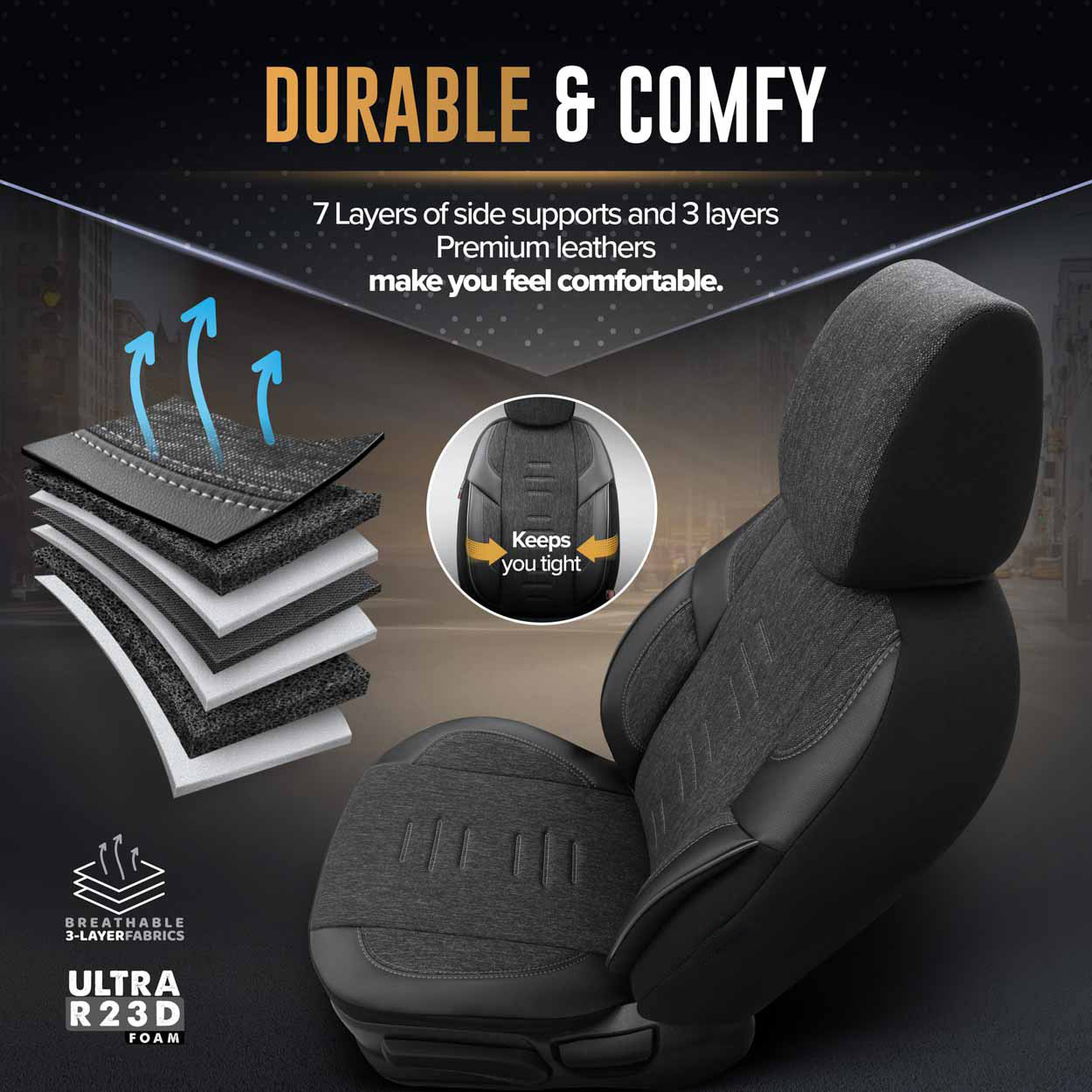 AMIO - Καλύμματα Καθισμάτων Otom Throne 102 Smoked Σε Μαύρο/γκρι Λινό Και Δερματίνη Για Μπροστινά Και Πίσω Καθίσματα Με 5 Προσκέφαλα - 1 Σετ. (OT86755/AM) - Thumbnail 4