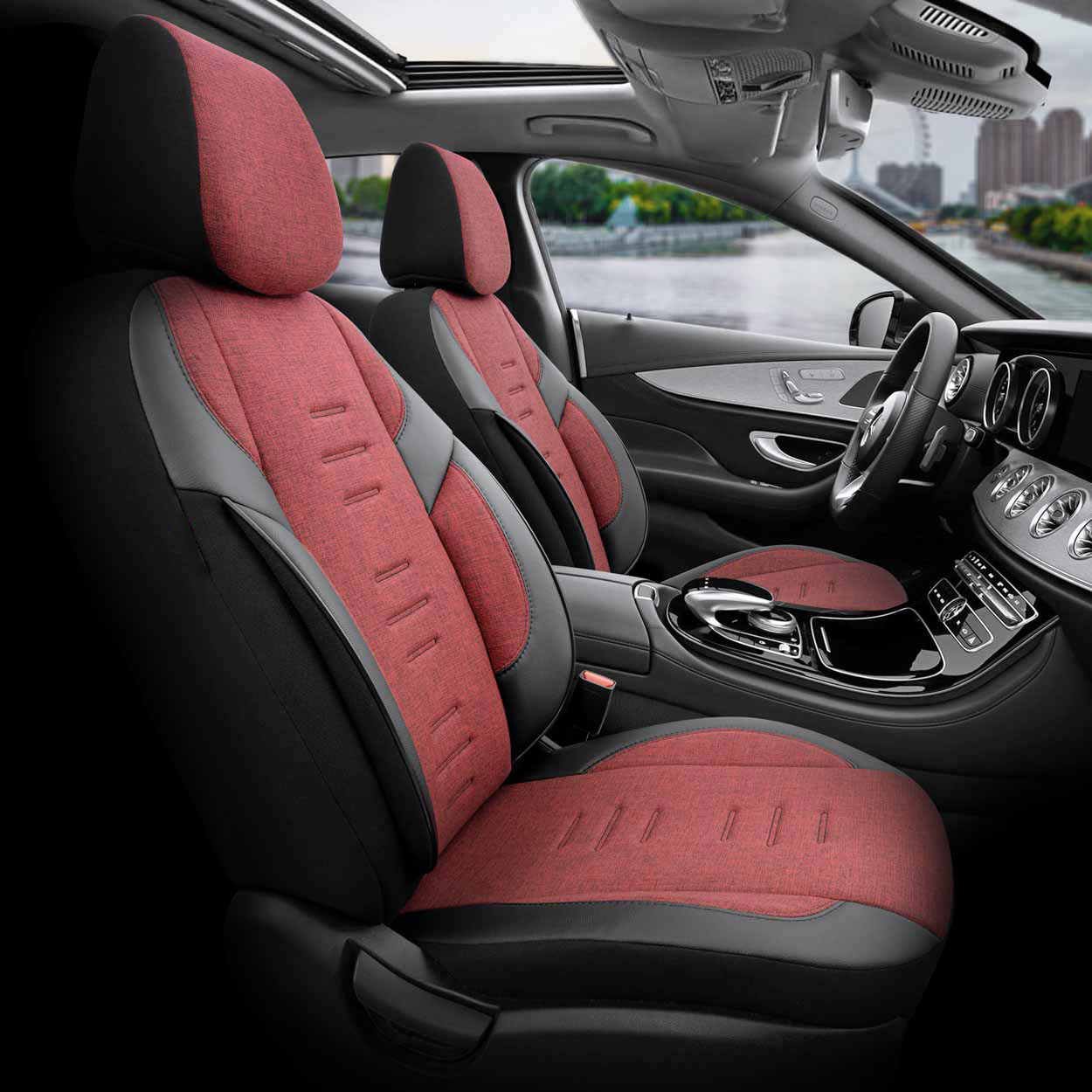 AMIO - Καλύμματα Καθισμάτων Otom Throne 103 Red Σε Μαύρο/γκρι/κόκκινο Ύφασμα Και Δερματίνη Για Μπροστινά Και Πίσω Καθίσματα Με 5 Προσκέφαλα - 1 Σετ (OT86756/AM) - Thumbnail 2