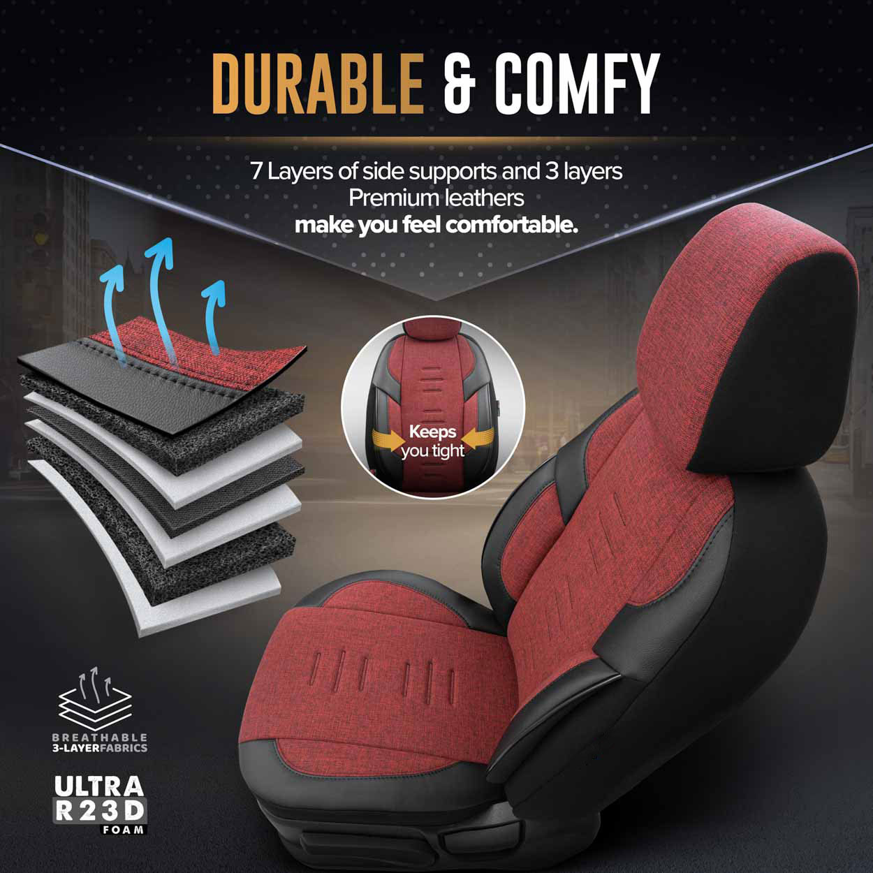 AMIO - Καλύμματα Καθισμάτων Otom Throne 103 Red Σε Μαύρο/γκρι/κόκκινο Ύφασμα Και Δερματίνη Για Μπροστινά Και Πίσω Καθίσματα Με 5 Προσκέφαλα - 1 Σετ (OT86756/AM) - Thumbnail 4