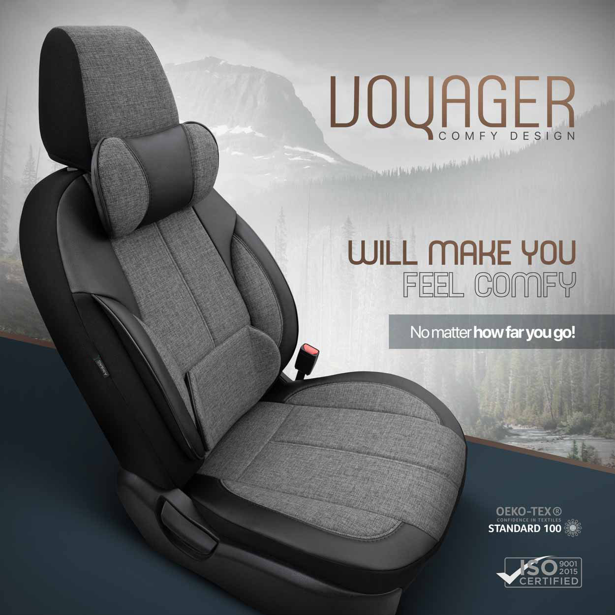 AMIO - Καλύμματα Καθισμάτων Otom Voyager 102 Smoked Μαύρο/γκρι Λινό Ύφασμα Και Δερματίνη Για Μπροστινά Και Πίσω Καθίσματα Με 5 Προσκέφαλα Και 2 Μαξιλαράκια Λαιμού - 1 Σετ (OT86759/AM) - Thumbnail 2