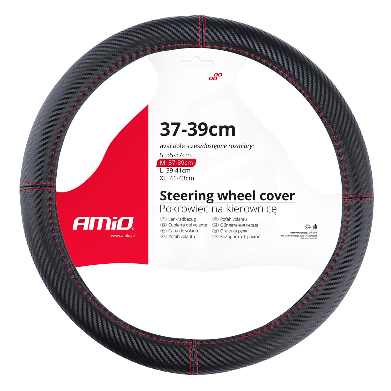 AMIO - Καλυμμα Τιμονιου SWC-38 M 37-39CM Σε Μαυρο Carbon Χρωμα Με Κοκκινη Ραφη - 1 Τεμ. (02811/AM)