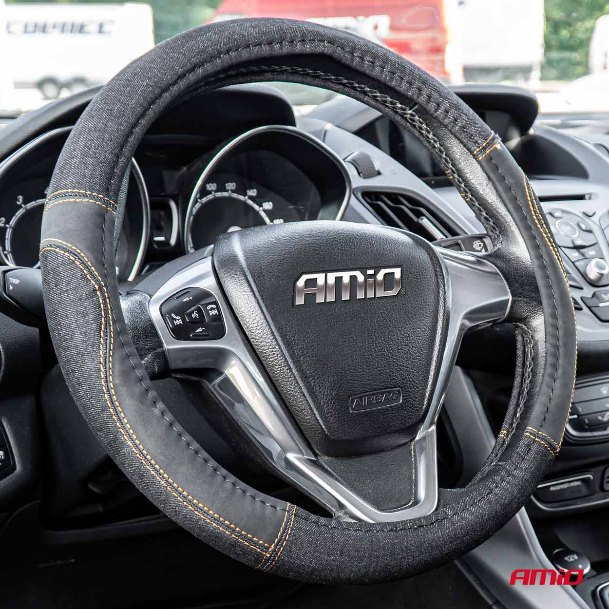 AMIO - Καλυμμα Τιμονιου Μαυρο Τζιν/denim (m) 37-39CM SWC-52-M Με Μαυρες & Κιτρινες Ραφες - 1 Τεμ. (03565/AM) - Thumbnail 3