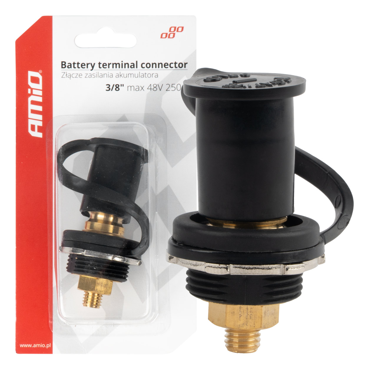 Amio - ΠΟΛΟΣ ΜΠΑΤΑΡΙΑΣ ΑΡΝΗΤΙΚΟΣ 3/8'' M10 max.48V 250A ΣΕ ΜΑΥΡΟ ΧΡΩΜΑ ΜΕ ΚΑΠΑΚΙ - 1 Τεμ. (03813/AM)