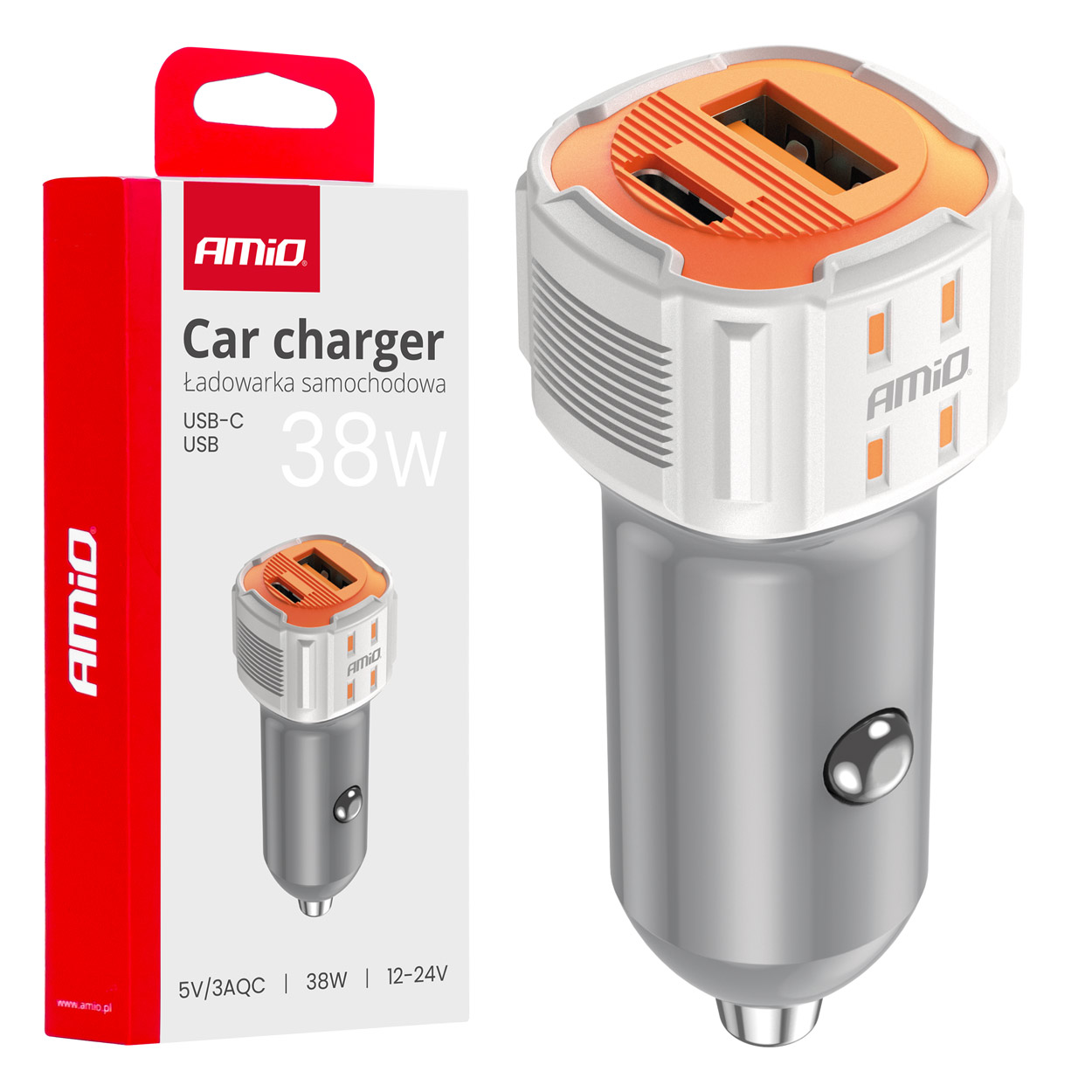 Amio - ΦΟΡΤΙΣΤΗΣ ΑΝΑΠΤΗΡΑ 12/24V ΜΕ 2 ΘΥΡΕΣ USB-C+USB 38W 5V/3AQC ΤΑΧΕΙΑΣ ΦΟΡΤΙΣΗΣ ΛΕΥΚΟΣ - 1 Τεμ. (03883/AM)