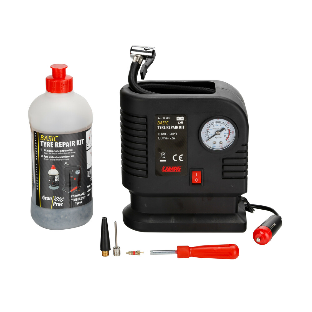 Κομπρεσερ Αερα Basic Tyre Repair Kit Με Υγρο Επισκευης Ελαστικων 500ML Με Μανομετρο 12V 300CMΚΑΛΩΔΙΟ LAMPA - 1 Tεμ.
