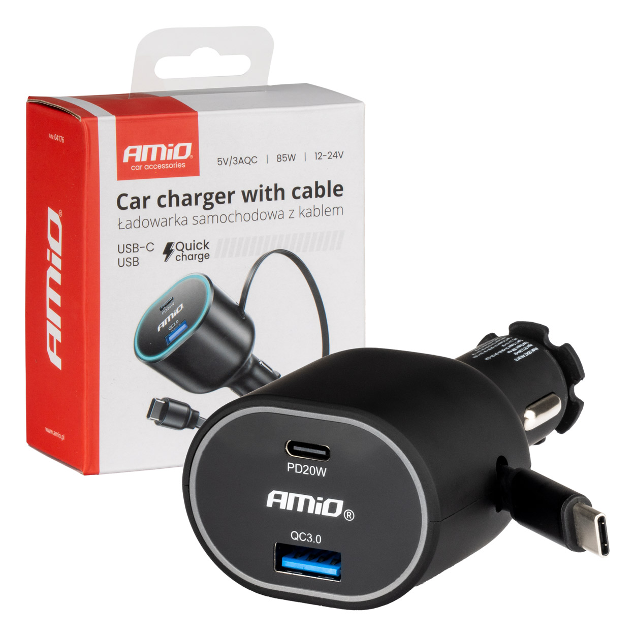 Amio - ΦΟΡΤΙΣΤΗΣ ΑΝΑΠΤΗΡΑ ΜΕ 2 ΘΥΡΕΣ USB-C 20W+USB-A QUICK CHARGE 3.0 ΜΕ ΚΑΛΩΔΙΟ USB-C 30W ΜΑΥΡΟ - 1 Τεμ. (04176/AM)