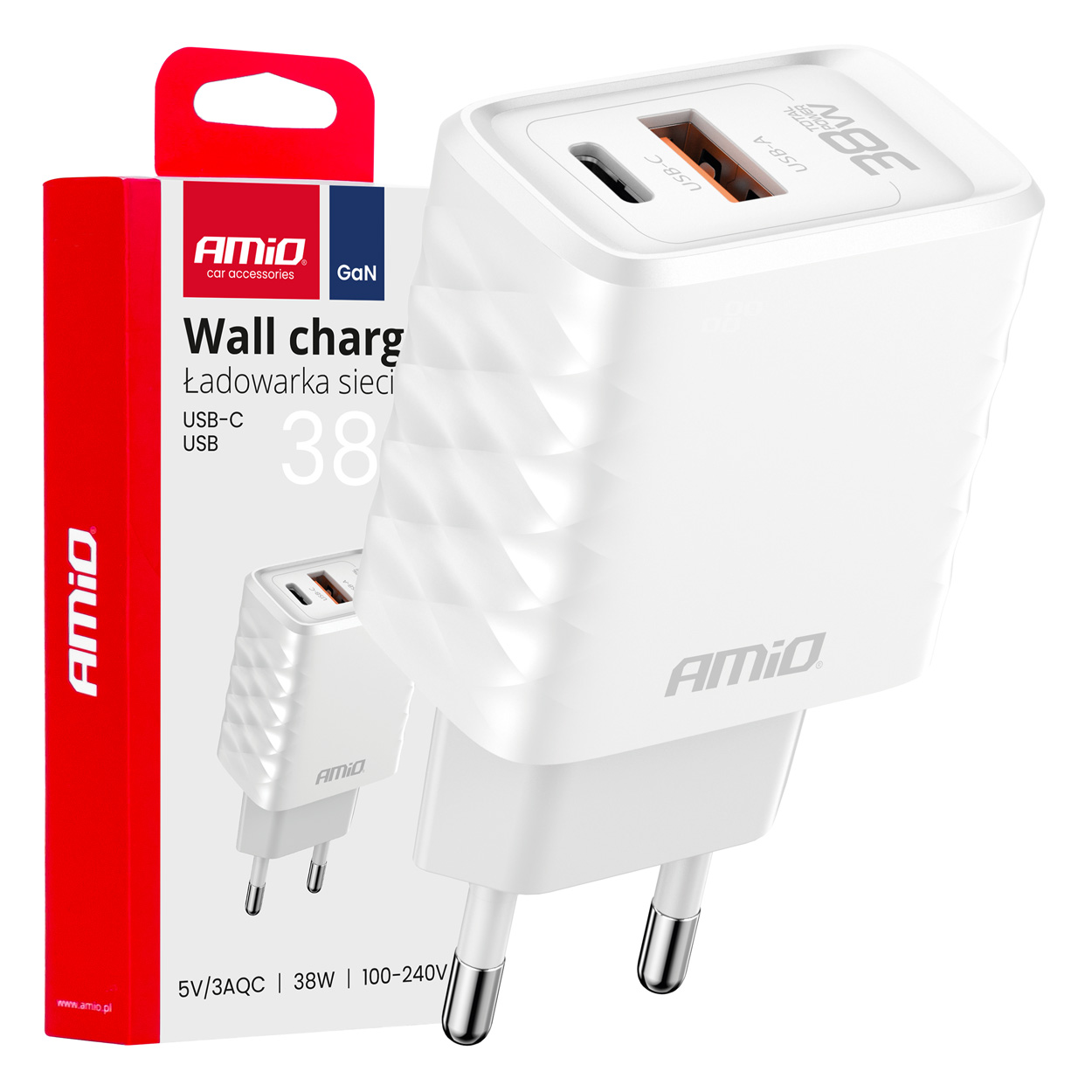 Amio - ΦΟΡΤΙΣΤΗΣ ΜΕ ΟΙΚΙΑΚΗ ΠΡΙΖΑ ΜΕ 2 ΘΥΡΕΣ USB-A+USB-C 38W 100-240V ΛΕΥΚΟ - 1 Τεμ. (04287/AM)