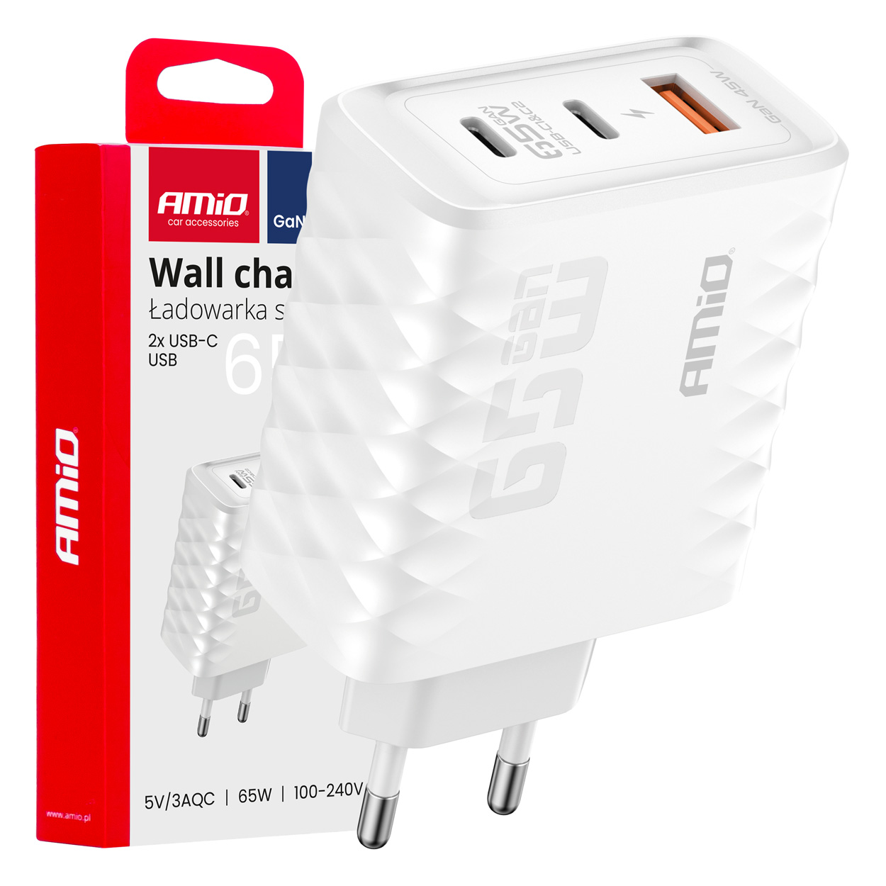 Amio - ΦΟΡΤΙΣΤΗΣ ΜΕ ΟΙΚΙΑΚΗ ΠΡΙΖΑ ΜΕ 3 ΘΥΡΕΣ 2xUSB-C+USB-A 65W 100-240V ΛΕΥΚΟ - 1 Τεμ. (04289/AM)
