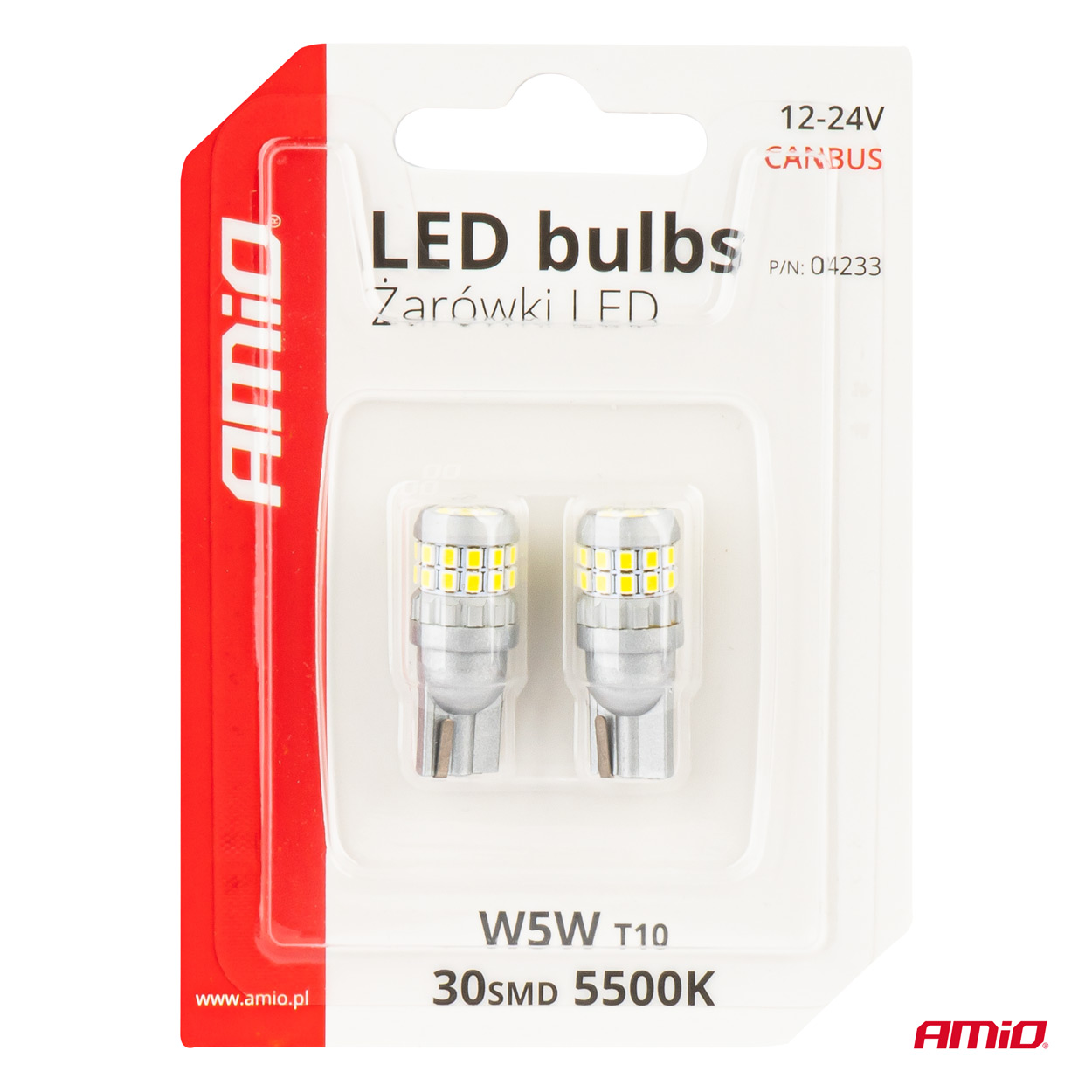 AMIO - Λαμπακια T10 W5W 12V/24V LED Can-bus 30XSMD 2016 Λευκο 5500K - 2 Τεμ. (04233/AM) - Thumbnail 5
