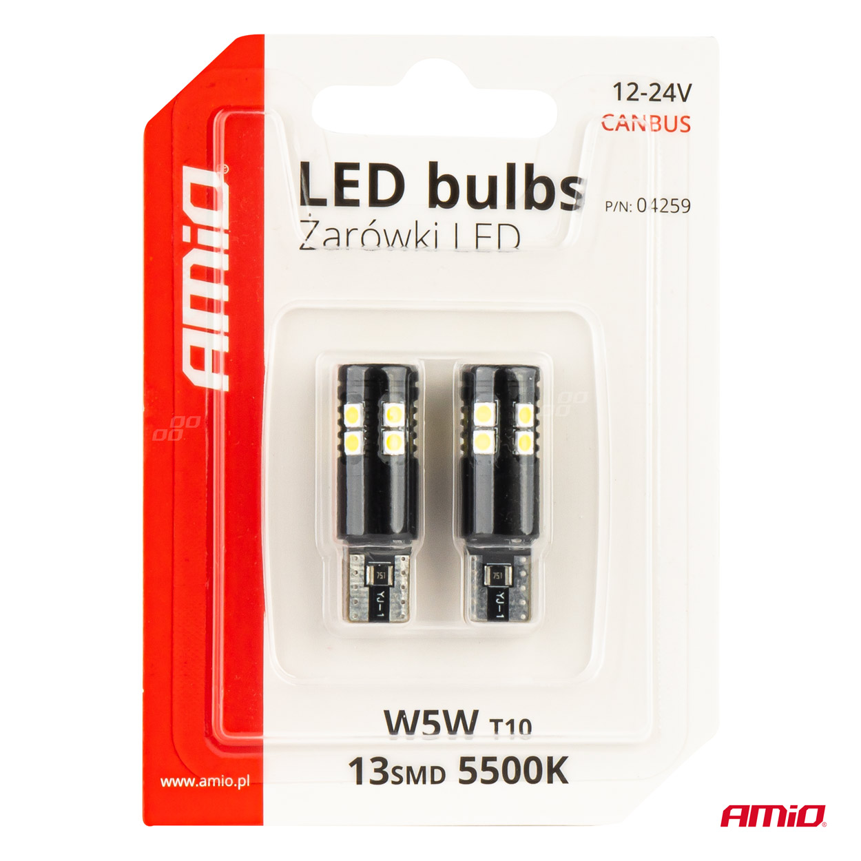 AMIO - Λαμπακια T10 W5W 12V/24V LED Can-bus 13XSMD 3030 Λευκο 5500K - 2 Τεμ. (04259/AM) - Thumbnail 5