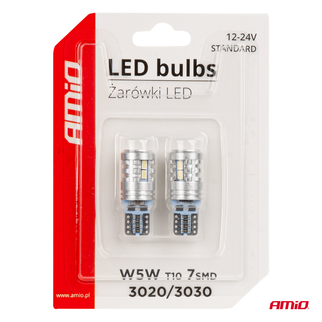AMIO - Λαμπακια LED T10 W5W 12/24V LED 6X3020+1X3030SMD Standard Λευκα - 2 Τεμ. (03718/AM) - Thumbnail 5