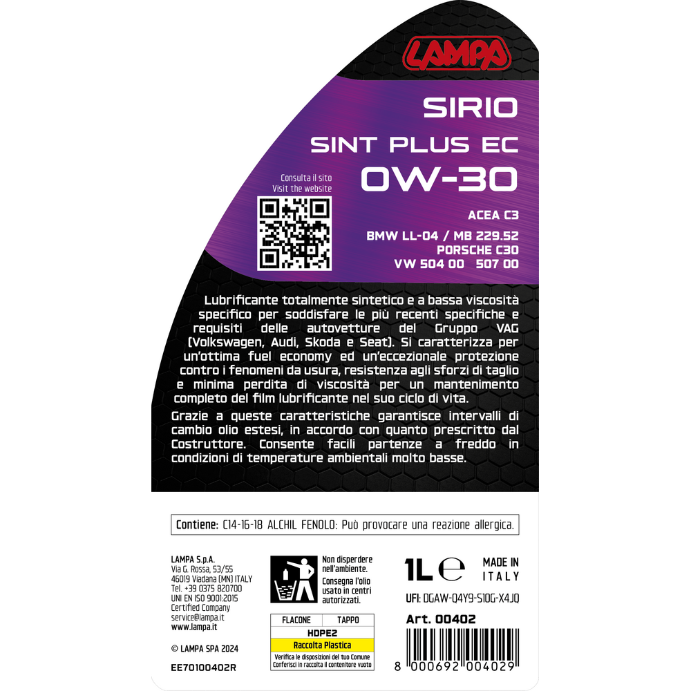 Λαδι Κινητηρα OW-30 Sirio Sint Plus Ec Συνθετικο Acea C3 Energy Conserving 1L LAMPA - 1 Τεμ. - Thumbnail 3