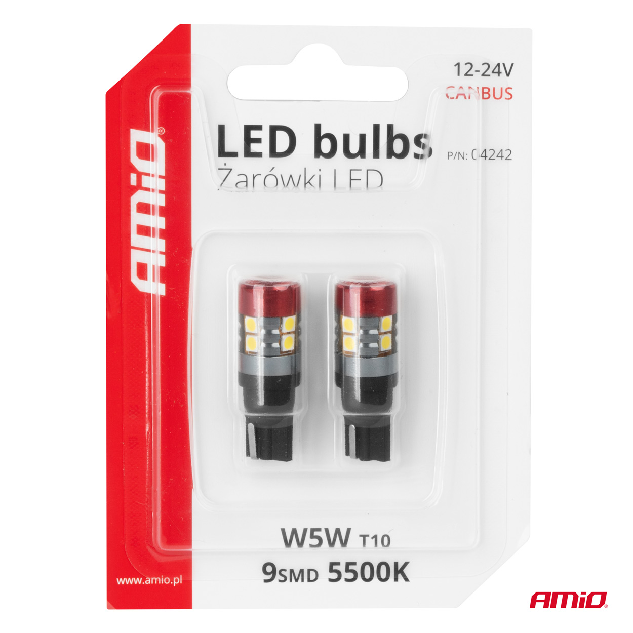 AMIO - Λαμπάκια LED Can Bus Αυτοκινήτου & Φορτηγού Τύπου T10 W5W Με Τάση Λειτουργίας 12V/24V 9XSMD 3030 Με Λευκό Χρώμα Απόχρωσης 5.500K (σε Χρώμα Κόκκινο-μαύρο) - 2 Τεμ. (04242/AM) - Thumbnail 5
