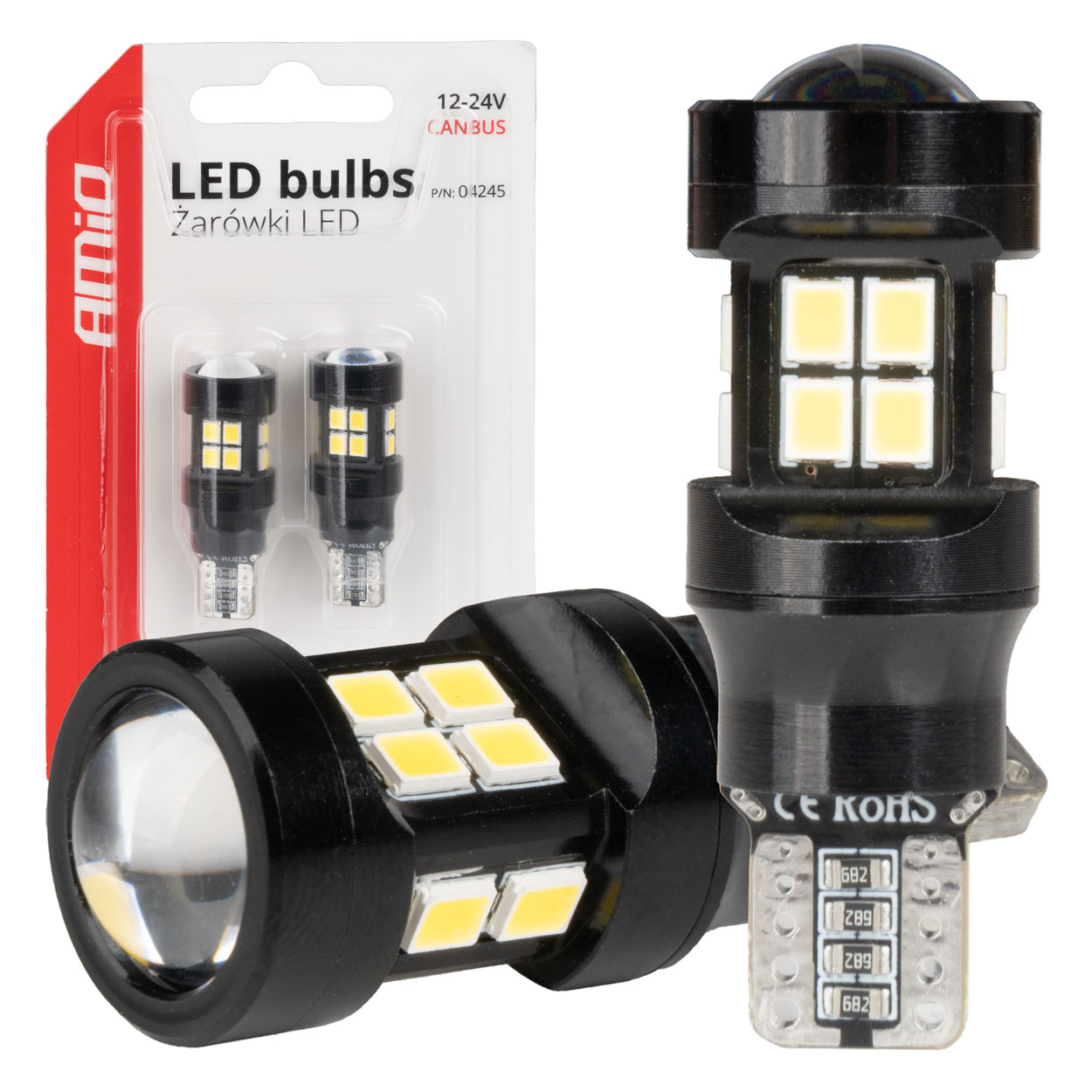 Amio - ΛΑΜΠΑΚΙΑ LED T15 W16W 12V/24V LED CAN-BUS 15xSMD 2835 ΛΕΥΚΟ ΦΩΣ 5.500K (ΣΕ ΧΡΩΜΑ ΜΑΥΡΟ) - 2 ΤΕΜ. (04245/AM)