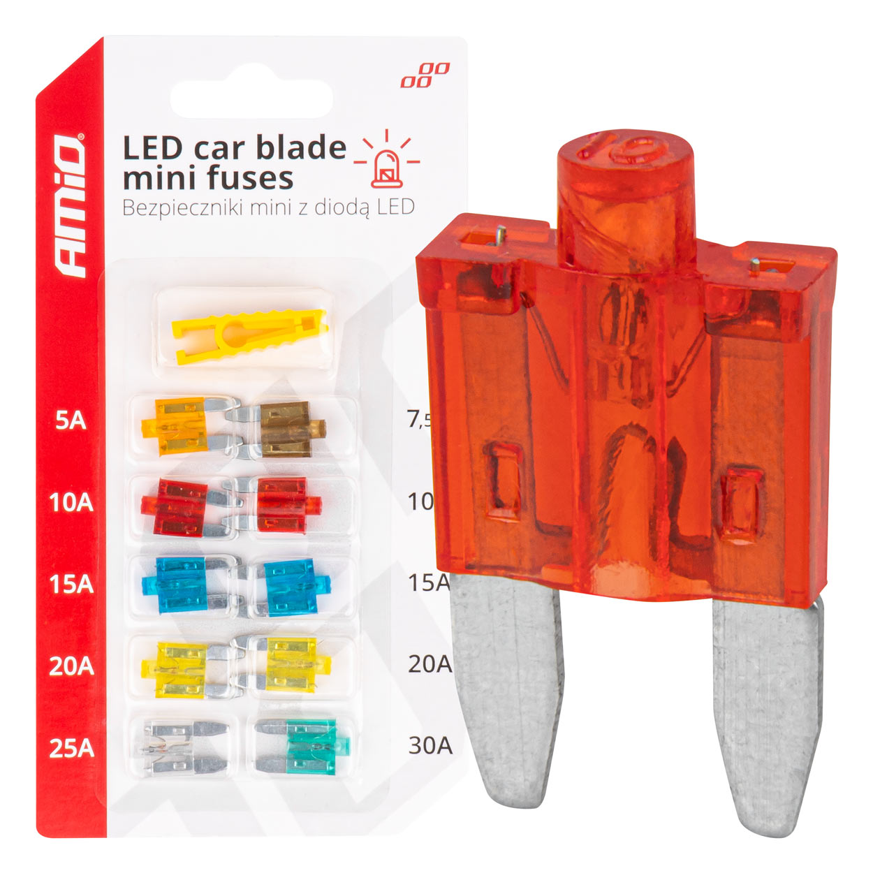 AMIO - Ασφάλειες Mini Blade (μαχαιρωτές) Με LED Ένδειξη Καμένης Ασφάλειας & Εργαλείο Αφαίρεσης Για Άμεσο Έλεγχο Ηλεκτρικού Κυκλώματος Oe - 10 Τεμ. (04340/AM)