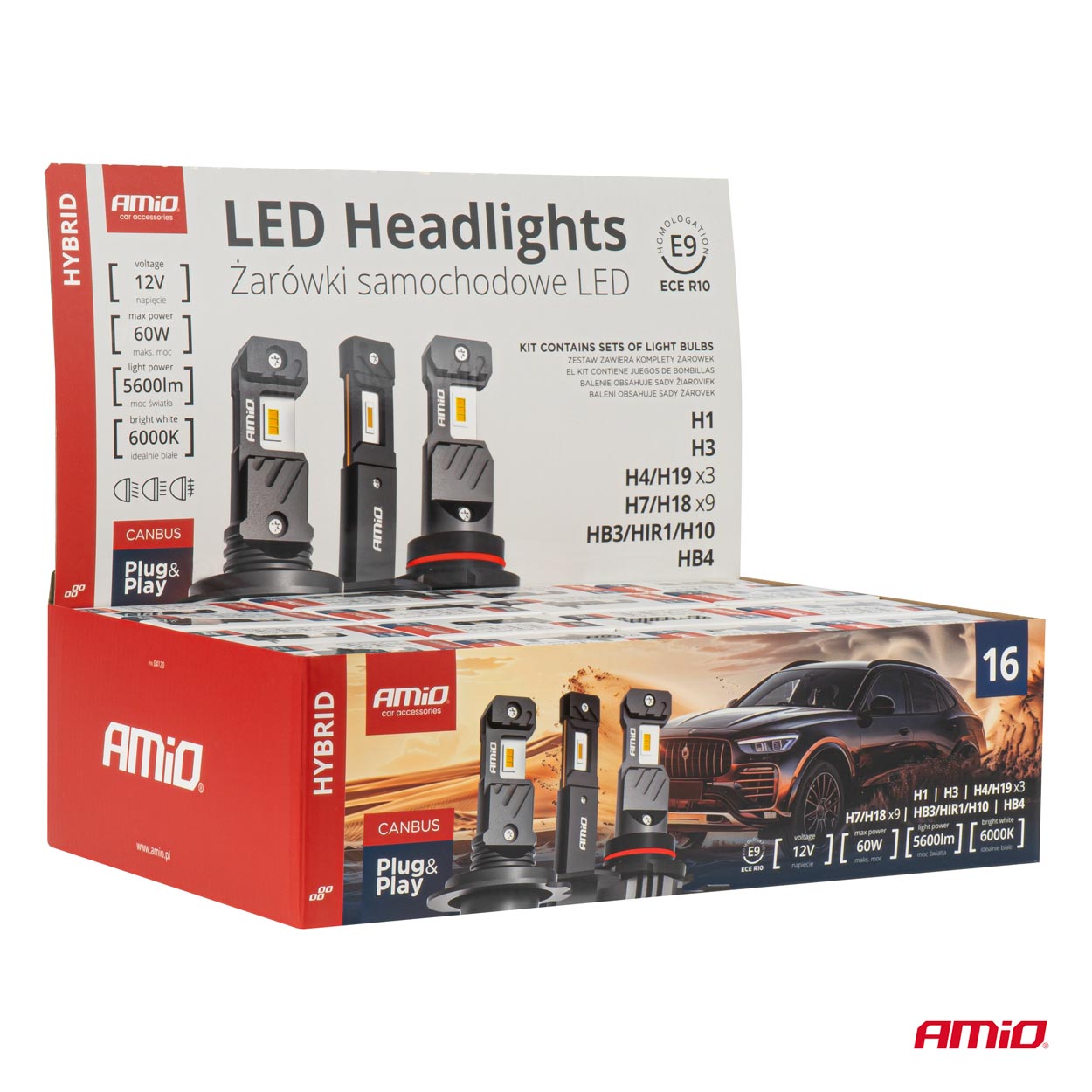AMIO - Λαμπες LED H1/H3/H4(X3)/H7(X9)/HB3/HB4 12V 60W 6.000K 5.600LM LED Can-bus Hybrid Series - Σετ 16 Τεμ. (04120/AM) - Thumbnail 2