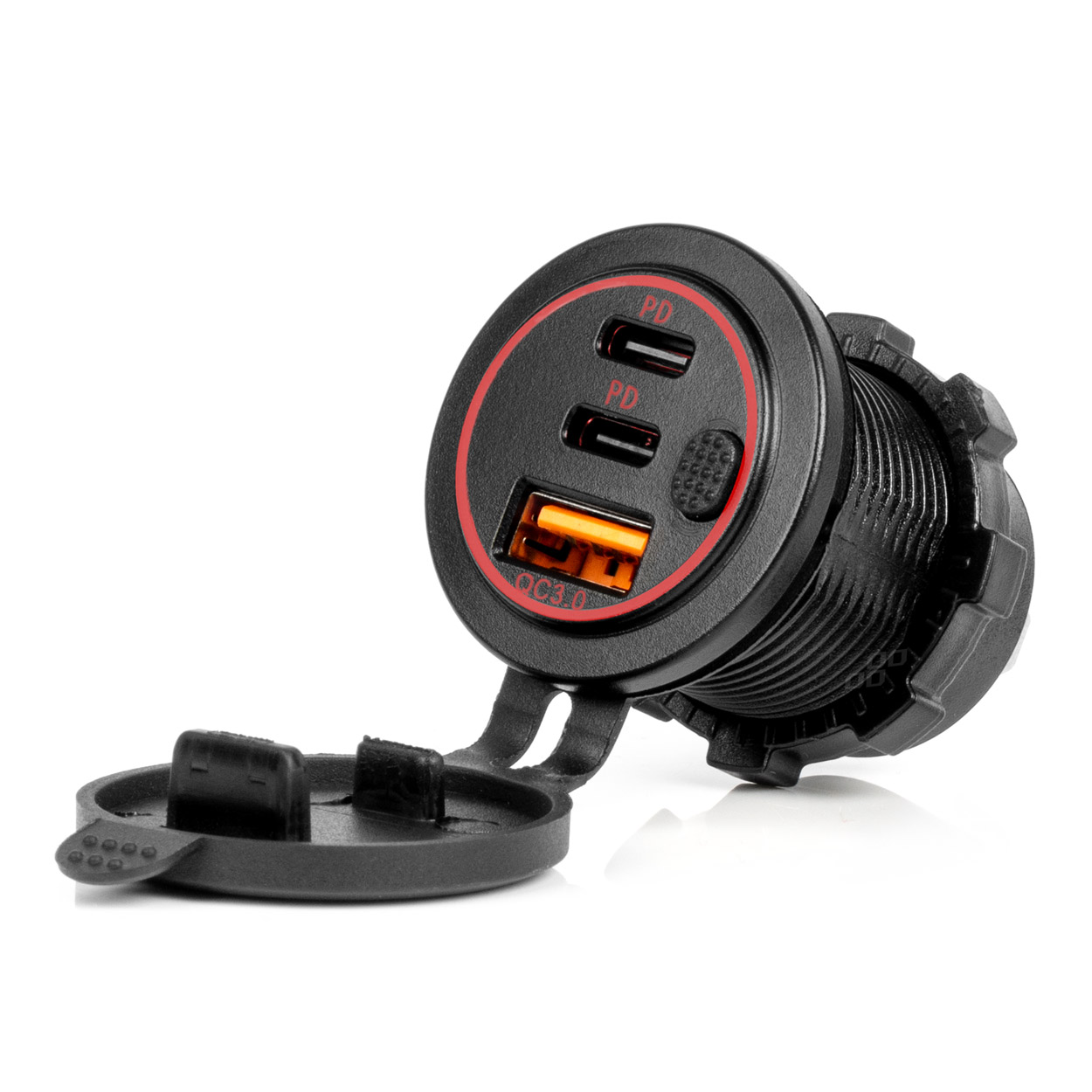Amio - ΠΡΙΖΑ ΜΕ 3 ΘΥΡΕΣ(USB+2xUSB-C) ΜΕ ΔΙΑΚΟΠΤΗ ΚΑΙ ΚΑΠΑΚΙ 12/24V QUICK CHARGE 3.0 ΑΔΙΑΒΡΟΧΗ ΜΑΥΡΗ - 1 Τεμ. (04227/AM)