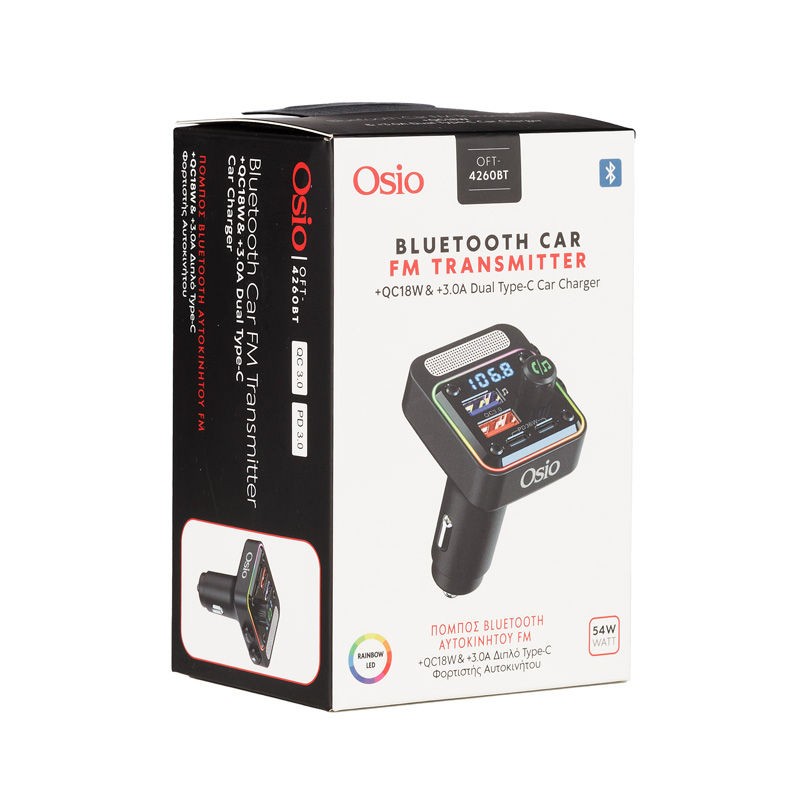 Fm Transmitter Αναπτηρα 12V Με Bluetooth OFT-4260BT Φορτιστη Usb Type-a + Usb Type-c OSIO - Thumbnail 7
