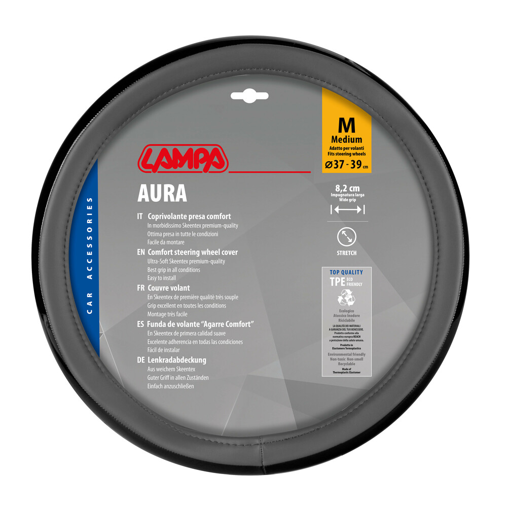 Lampa - Κάλυμμα Τιμονιού AURA (M) 37/39cm Μαύρο ένθετο με γυαλάδα / Γκρί άοσμο μαλακό Skeentex - 1 τεμ. (L3290.7)