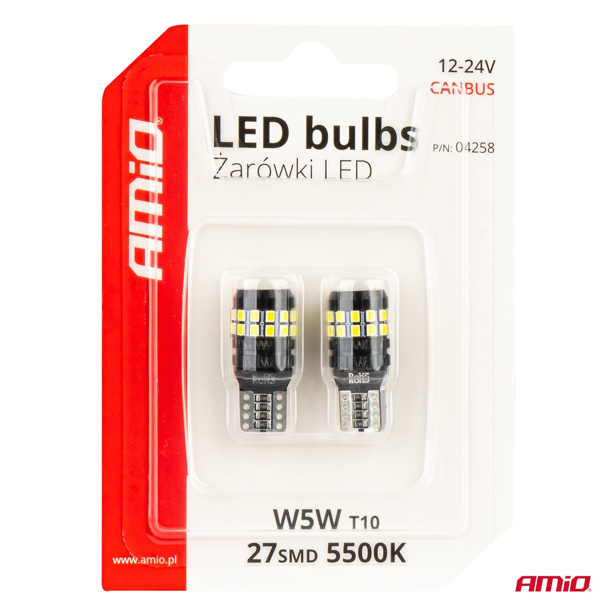 AMIO - Λάμπες LED Canbus T10 (W5W) 27SMD 2016 Λευκές 5500K 12V/24V - 2τεμ. (04258/AM) - Thumbnail 5