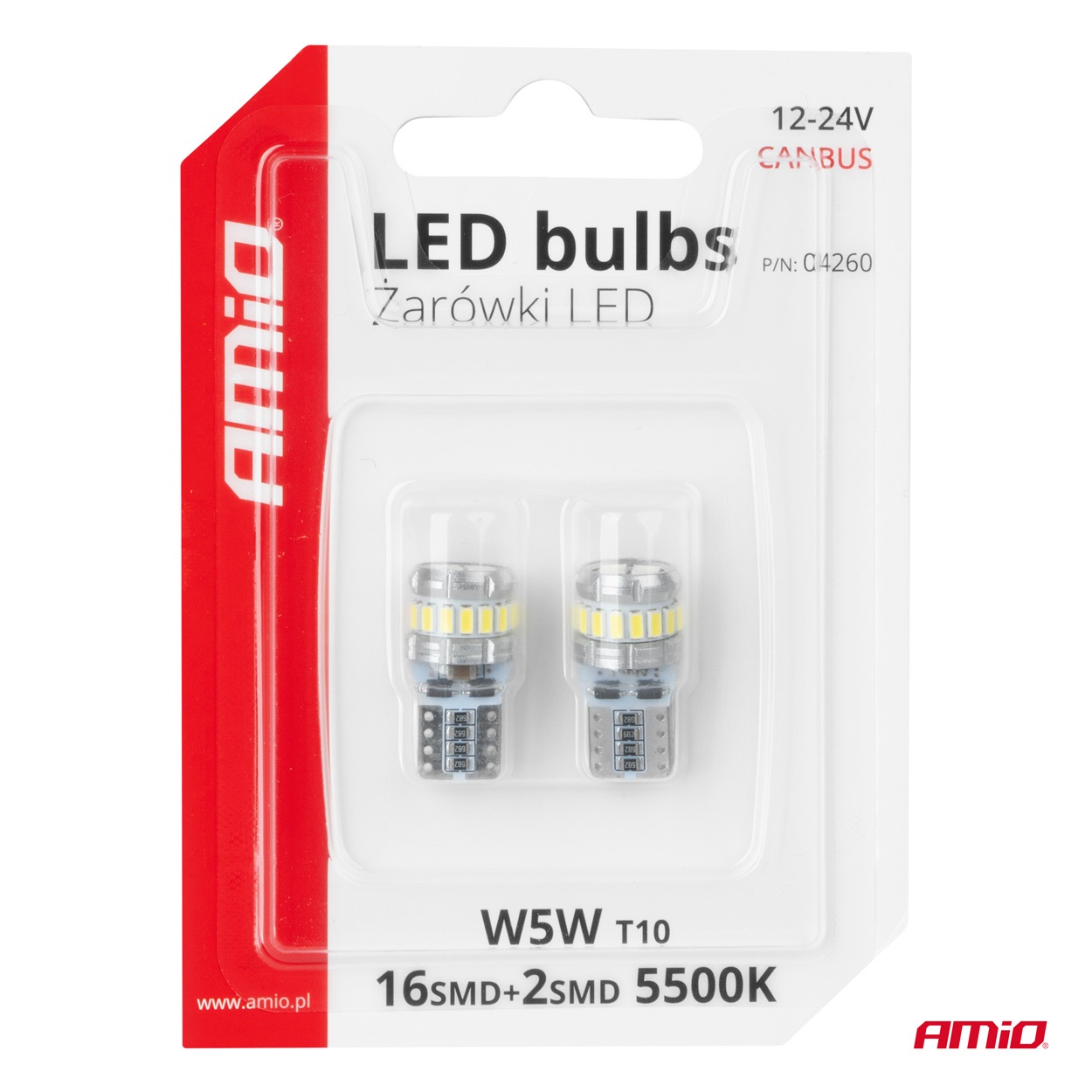AMIO - Λάμπα LED Canbus T10 (W5W) 16SMD 3014 + 2SMD 3030 Λευκή 6000K 12V/24V Για Φώτα Θέσης, Πινακίδας & Εσωτερικού - 2τεμ. (04260/AM) - Thumbnail 5
