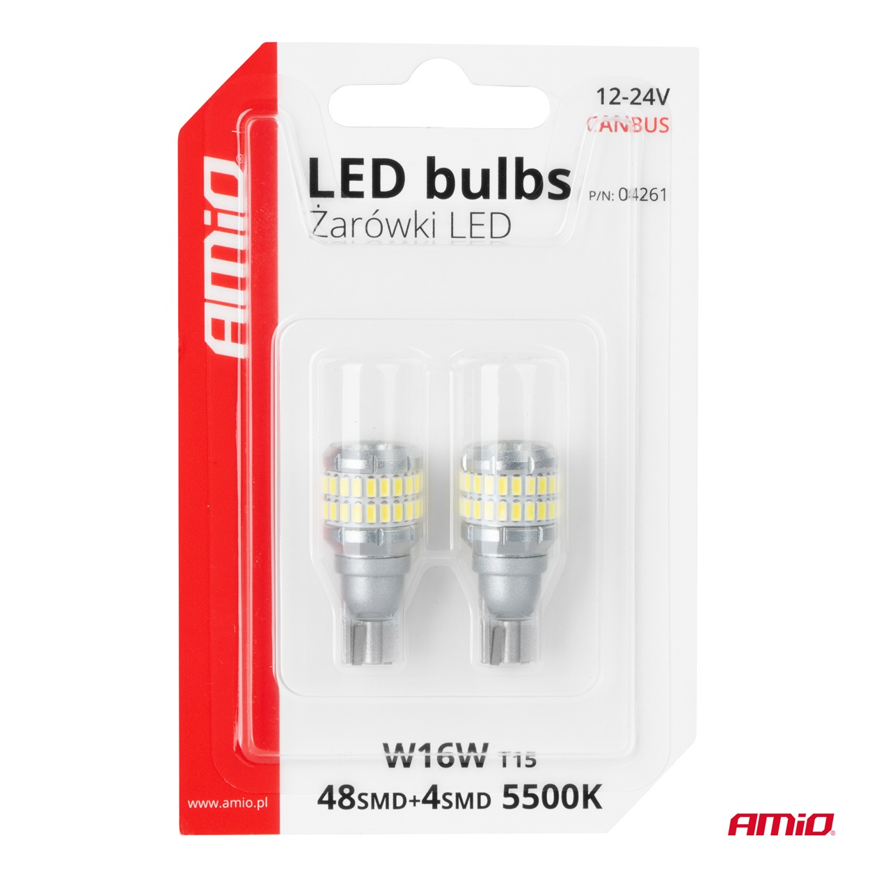 AMIO - Λάμπα LED Canbus T15 (W16W) 48SMD 3014 + 4SMD 3030 Λευκή 6000K 12V/24V Για Φώτα Όπισθεν & Βοηθητικό Φωτισμό - 2τεμ. (04261/AM) - Thumbnail 5