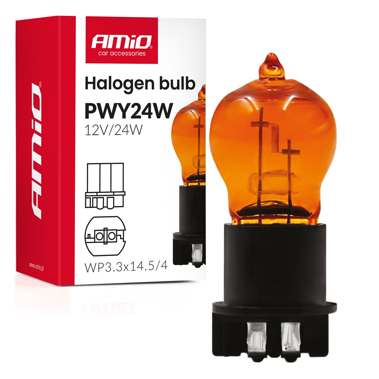 AMIO - Λάμπα Αλογόνου PWY24W 12V 24W Amber (πορτοκαλί) Βάση WP3.3X14.5-4 Για Φλας - 1 ΤΕΜ.(04410/AM)